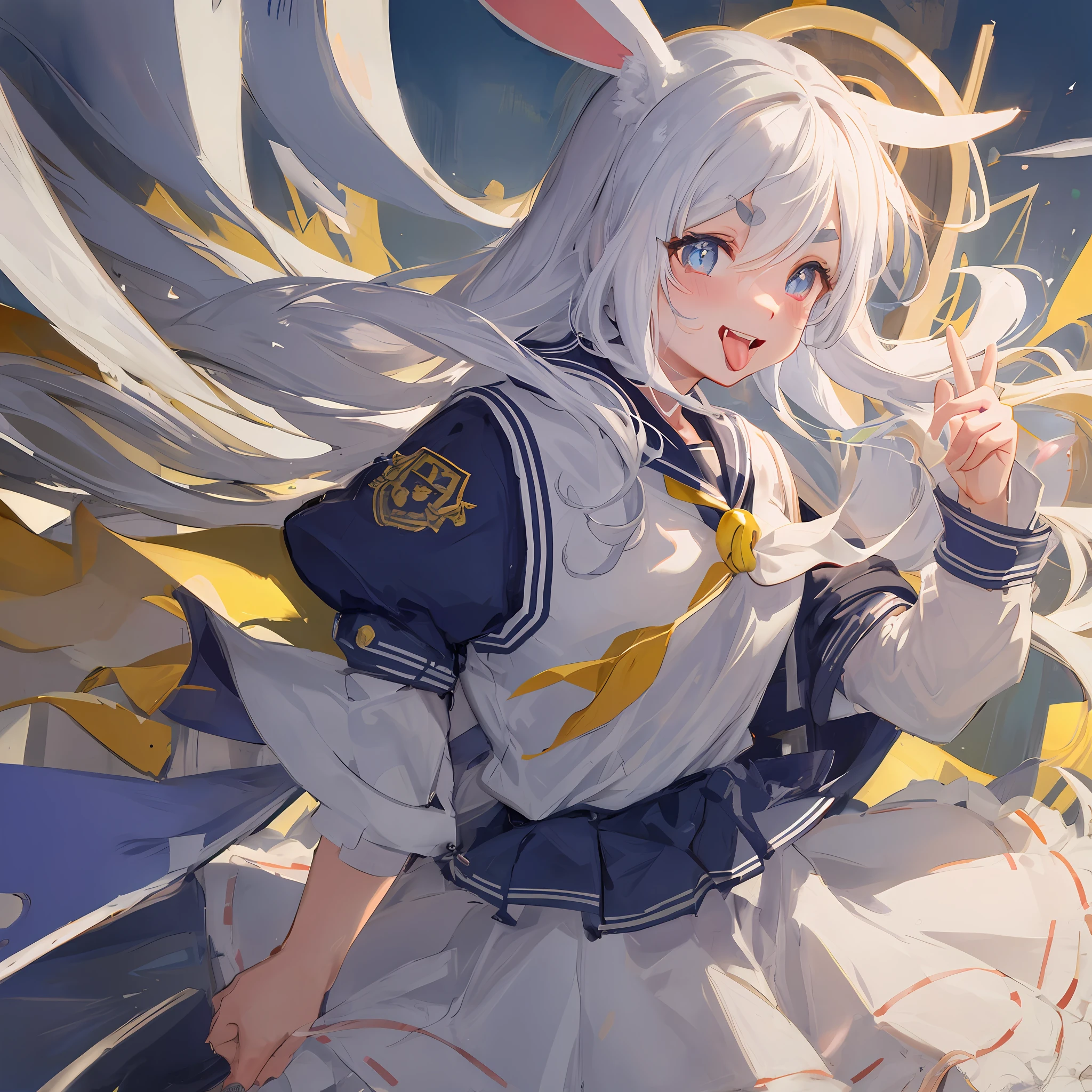 Face focus, tongue, mouth wide open, mouth focused, looking down from above, thick eyebrows, beautiful eyes, rabbit ears, sailor suit, evil smile, ((masterpiece)), ((highest quality)), (super detailed), cute girl, one girl, solo, ((beautiful eyes)), anime girl, happy and cute face, beautiful detailed eyes clean and detailed face, five fingers, textile shading, perfect anatomy,