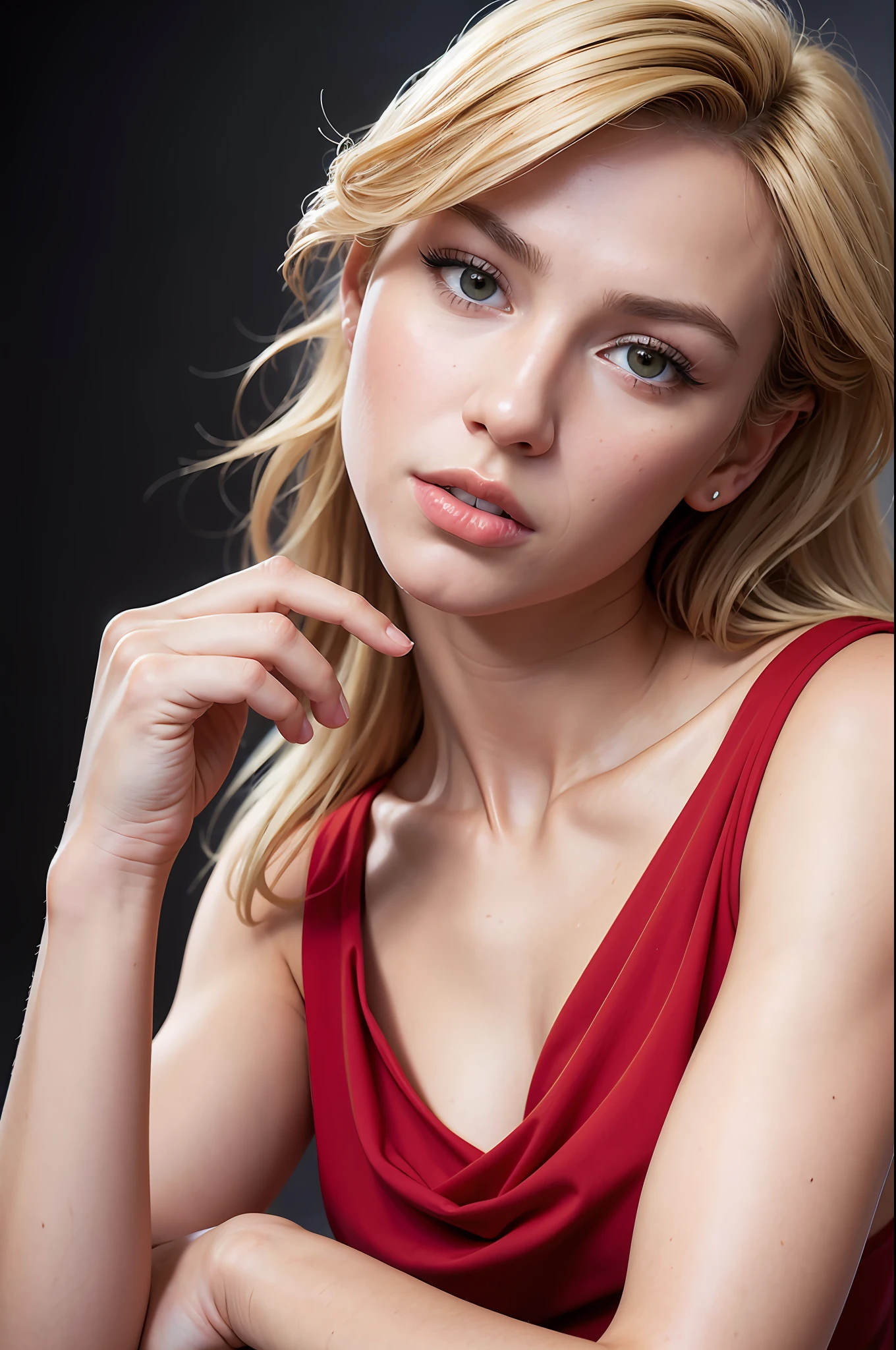 good hand,4k, high-res, masterpiece, best quality, head:1.3,((Hasselblad photography)), (Blond Model), finely detailed skin, sharp focus, (cinematic lighting), collarbone, morning, soft lighting, dynamic angle, [:(detailed face:1.2):0.2], armpit crease, red clothes, slender, small breasts,