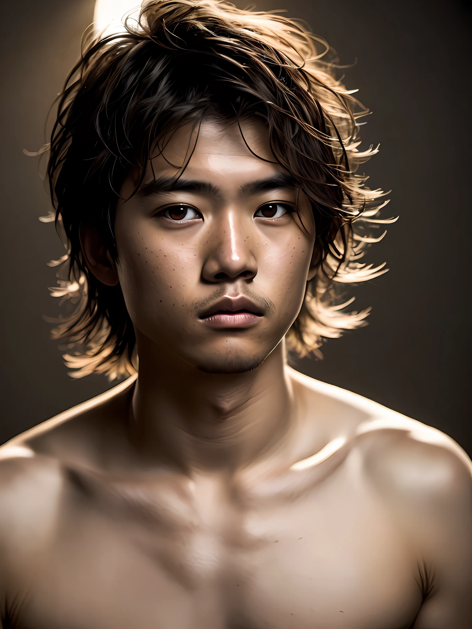 (photography style), sad little homeless teenager ((bare torso)), (shy), one Asian man, beautiful face, solo, brown, disheveled hair, very detailed face, beautiful black eyes, [chubby], attractive, model with rosy cheeks and bright sad eyes, amazingly beautiful, attractive body, young man with handsome face (Rembrandt lighting), Zeiss lens, Ultra Realistic, (High Skin Detail: 1.2), 8k UHD, DSLR, Dramatic Rim Light, High Quality, Fujifilm XT3,