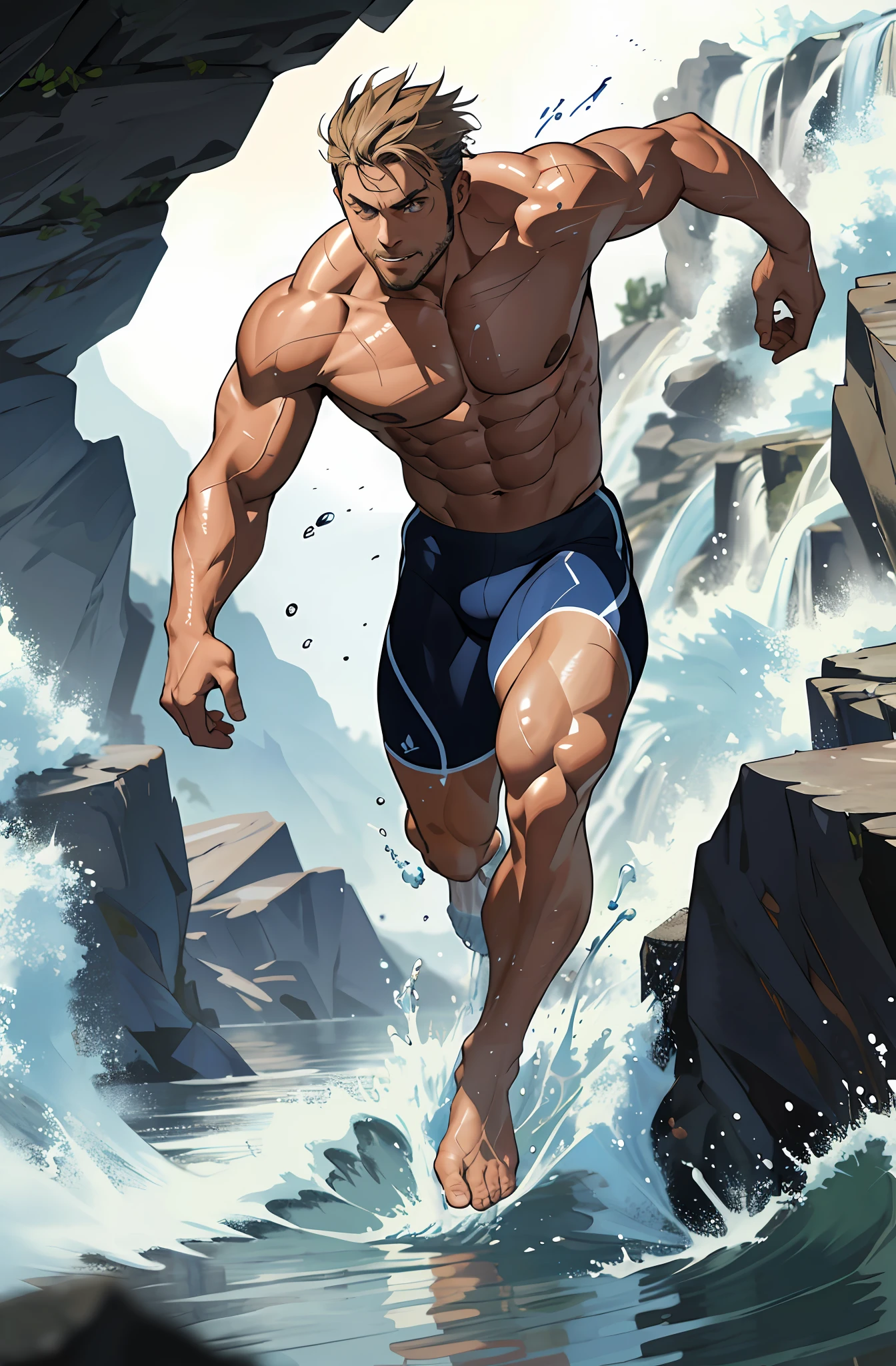 (masterpiece, best quality,absurdres ), 1man, muscular, detailed eyes, running in water, full body, illustration,(two-tone background, ), topless