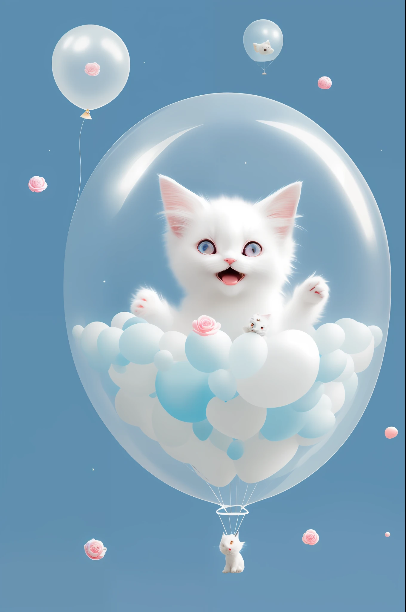 A cute fluffy white-haired kitten with big ears, big eyes, inside a large balloon, full body, roses, light blue background, Morandi color system, minimalist style, open mouth, laugh!!!, funny, (floating in space: 1.1) jubbslineart_v2