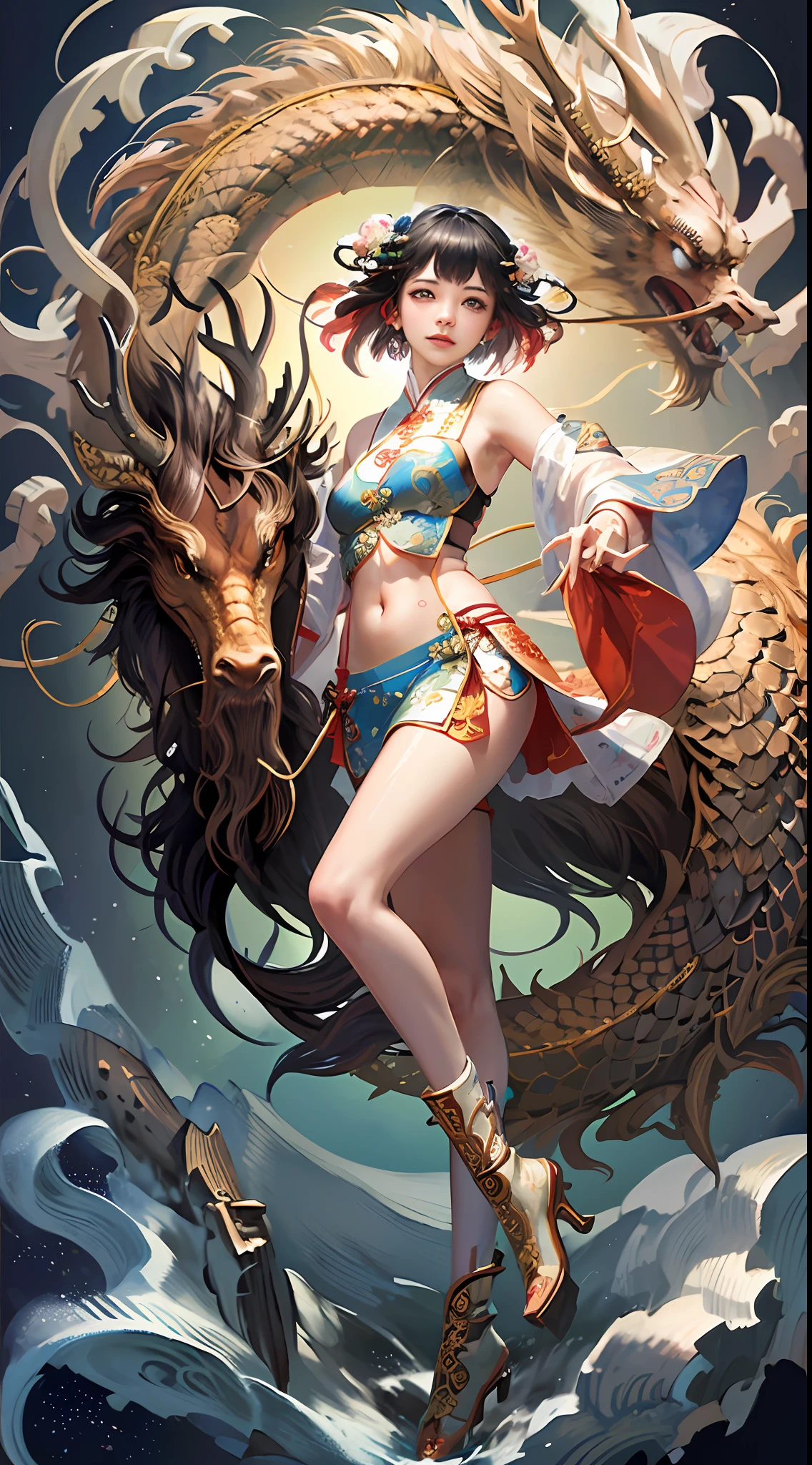 Official Art, Unified 8K Wallpapers, Ultra Detailed, Beautiful and Aesthetic, Masterpiece, Best Quality, (Zentangle, Tangle, Entangle), (fractal art: 1.4), 1girl, black hair, Chinese, bare shoulders, short skirt, calf, navel, very detailed, dynamic angle, cowboyshot, (most beautiful form chaos), flowing, (bright colors), oc, (half: 1.2), china, (thangka flying sky: 1.5), (ribbon: 1.3), (dream: 1.5), (hanfu: 1.5), Chinese dragon, Chinese phoenix, (smile: 0.5), (Chinese deity),