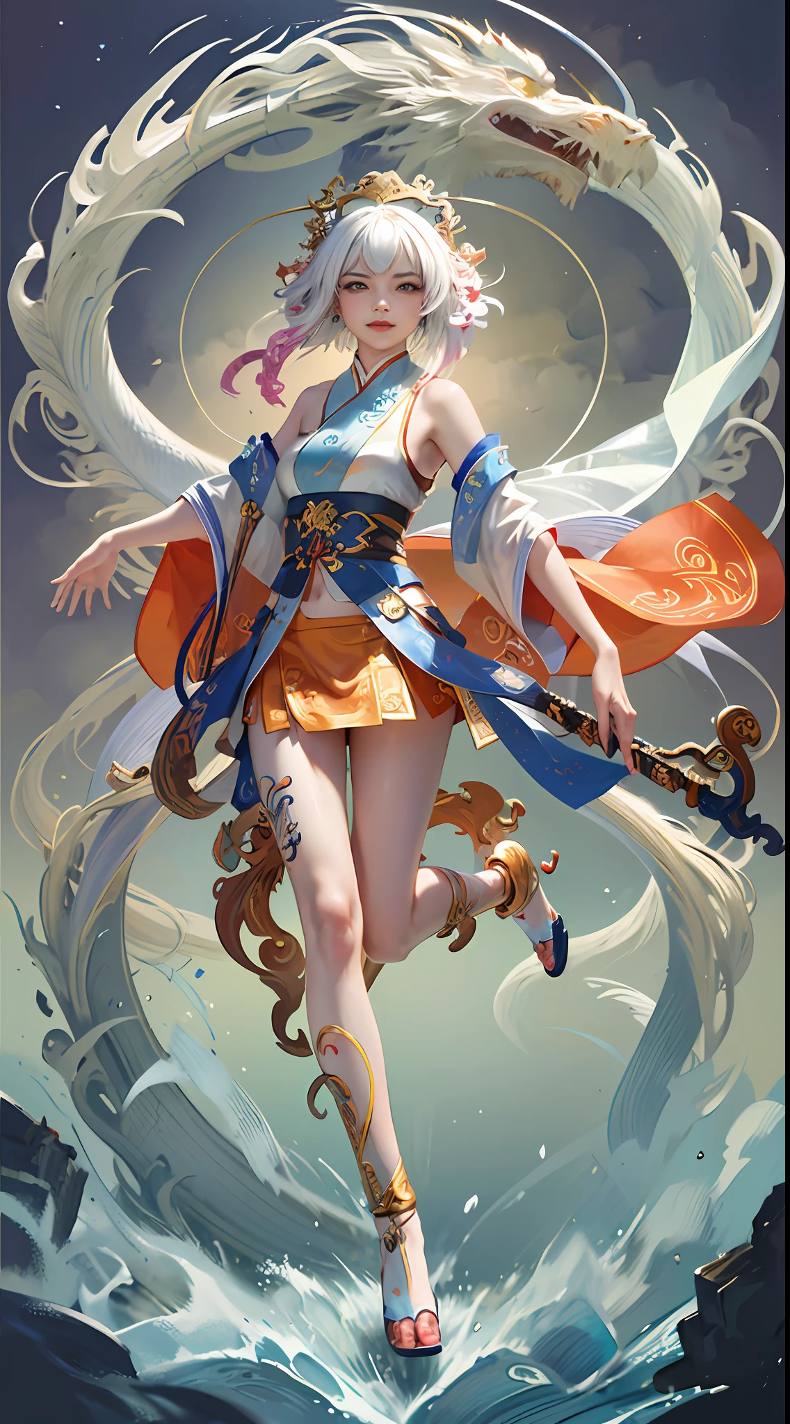 Official Art, Unified 8K Wallpapers, Ultra Detailed, Beautiful and Aesthetic, Masterpiece, Best Quality, (Zentangle, Tangle, Entangle), (fractal art: 1.4), 1girl, black hair, Chinese, bare shoulders, short skirt, calf, navel, very detailed, dynamic angle, cowboyshot, (most beautiful form chaos), flowing, (bright colors), oc, (half: 1.2), china, (thangka flying sky: 1.5), (ribbon: 1.3), (dream: 1.5), (hanfu: 1.5), Chinese dragon, Chinese phoenix, (smile: 0.5), (Chinese deity),