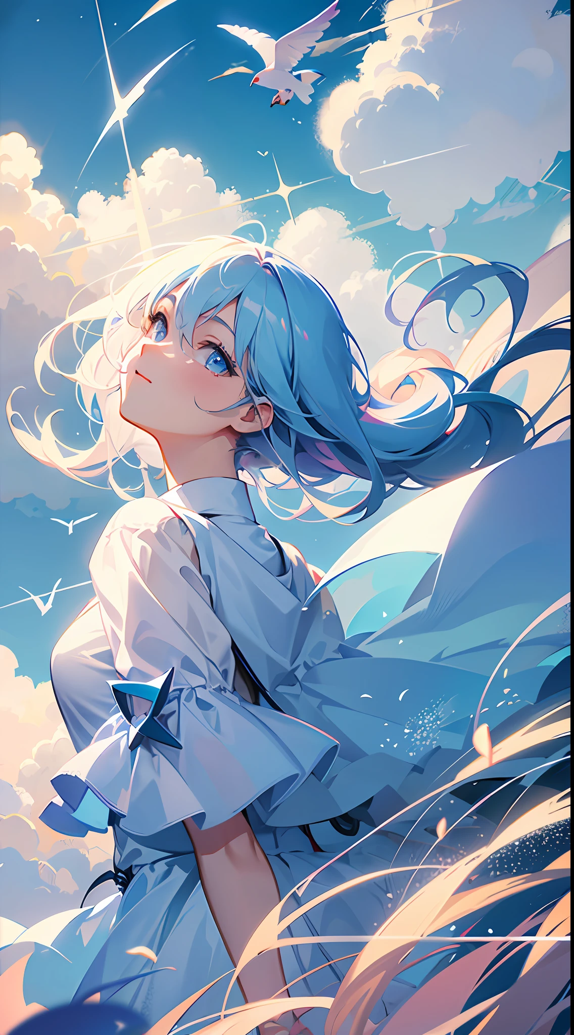 masterpiece, best quality, movie still, 1girl, floating in the sky, cloud girl, cloud, (close-up:1.1), bright, happy, fun, soft lighting, (Bauhaus, shapes, lines, abstract:1.1)