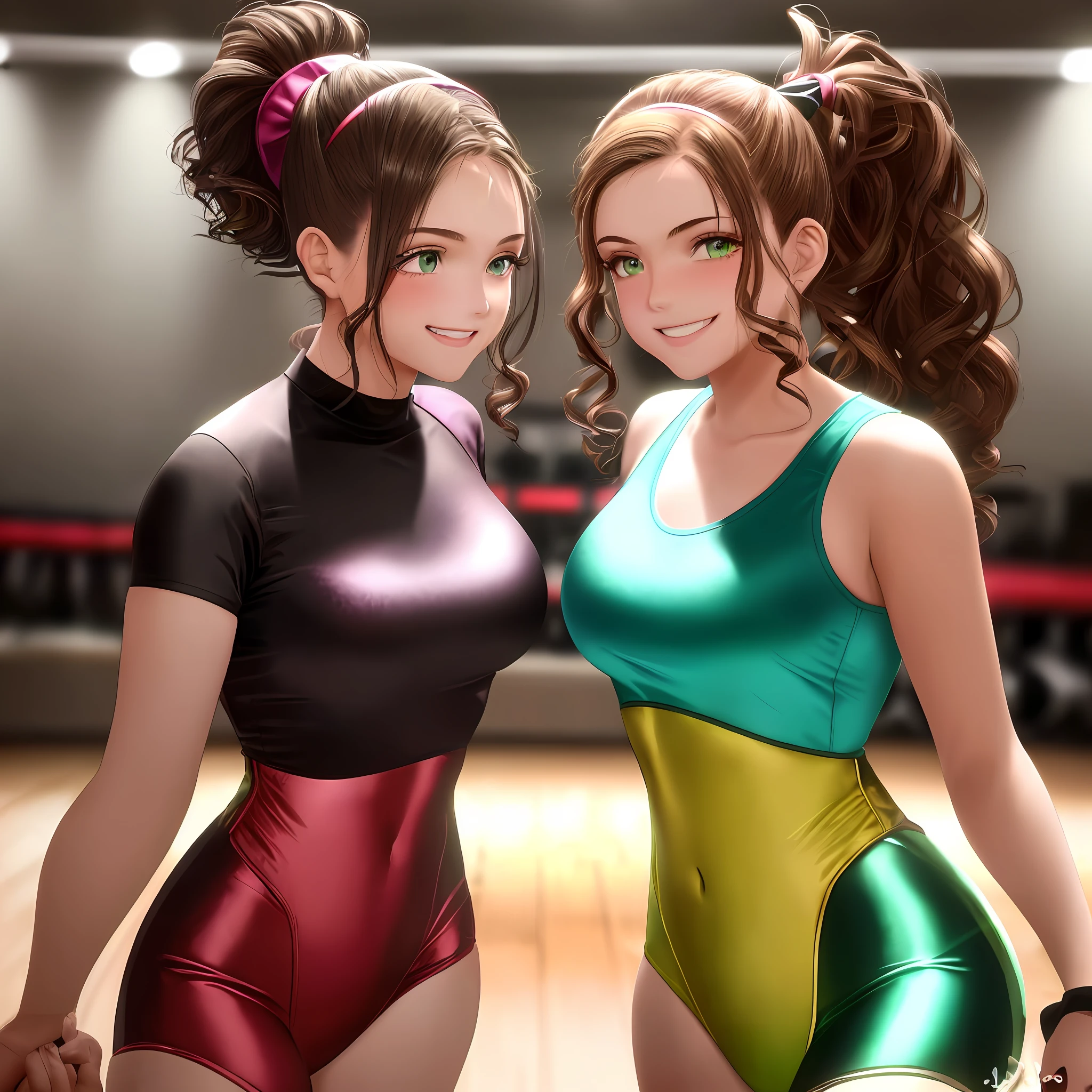(dramatic illumination, dynamic angle, intense color contrast), (two young women are practicing in a dance studio. One has green eyes and brown hair in a high ponytail; the other has brown eyes and wavy hair held back with a hairband. Both are smiling and encouraging each other to succeed.