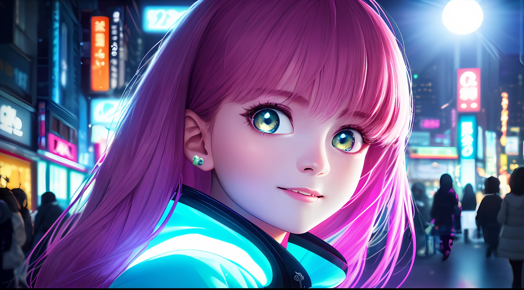 manga, masterpiece, best quality, half body, portrait, night city, 1girl, anime, 3D, Japan, pixar, realistic, teen girl, smiling, cute face, harajuku fashion style, rain coat, beautiful, colourful, neon lights, cyberpunk, smooth skin, illustration, artstation, painting by stanley artgerm lau, sideways glance, foreshortening, extremely detailed 8K, smooth, high resolution, ultra quality, highly detail eyes, highly detail mouth, highly detailed face, perfect eyes, both eyes are the same, true light, glare, Iridescent, Global illumination, real hair movement, real light, real shadow, real face, hd, 2k, 4k, 8k, 16k, realistic light, realistic shadow, bright Eyes, fluorescent eyes, soft light, dream light