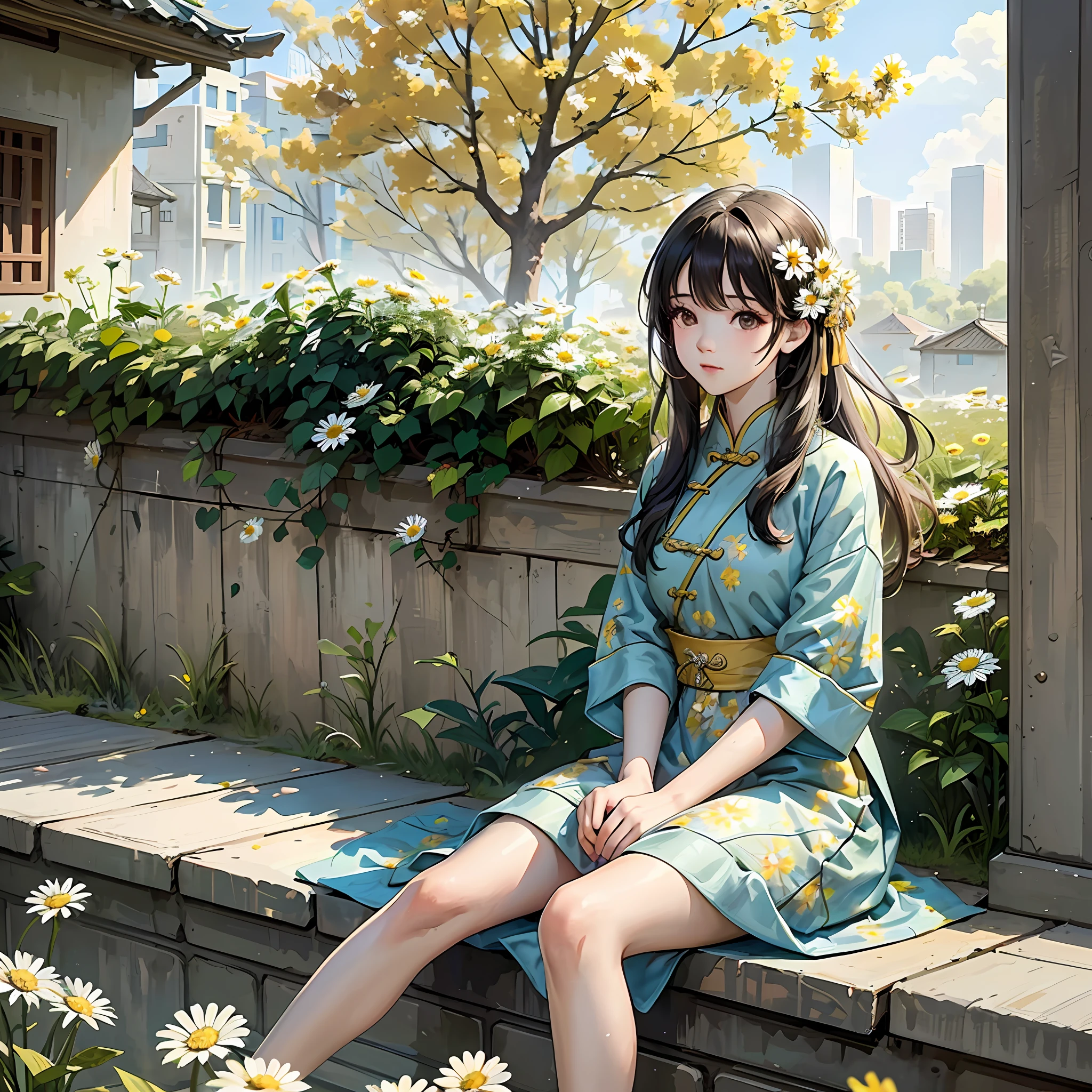 RAW photo, masterpiece, best quality, (1girl), 20yo, sitting at the stair, lots of daisy flowers around, outdoor, sunny day, happy, colorful Chinese dress, beautiful girl, messy hair, floating hair and clothes in the wind