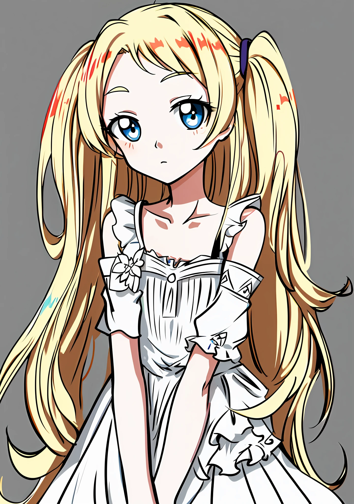 A painting of a girl with long hair and tie, anime girl with long hair, long-haired girl, little curvy loli, long-haired blonde anime girl, loli in dress, clean anime silhouette, big eyes and flowing long hair, cute anime girl, very cute anime girl face, beautiful anime girl, (rich details: 1.2), (rich color: 1.2), (colorful two-dimensional girl: 1.2), (blonde hair: 1.1), (blue eyes: 1.1), (white dress :1.1), cool skin with rich hunger details