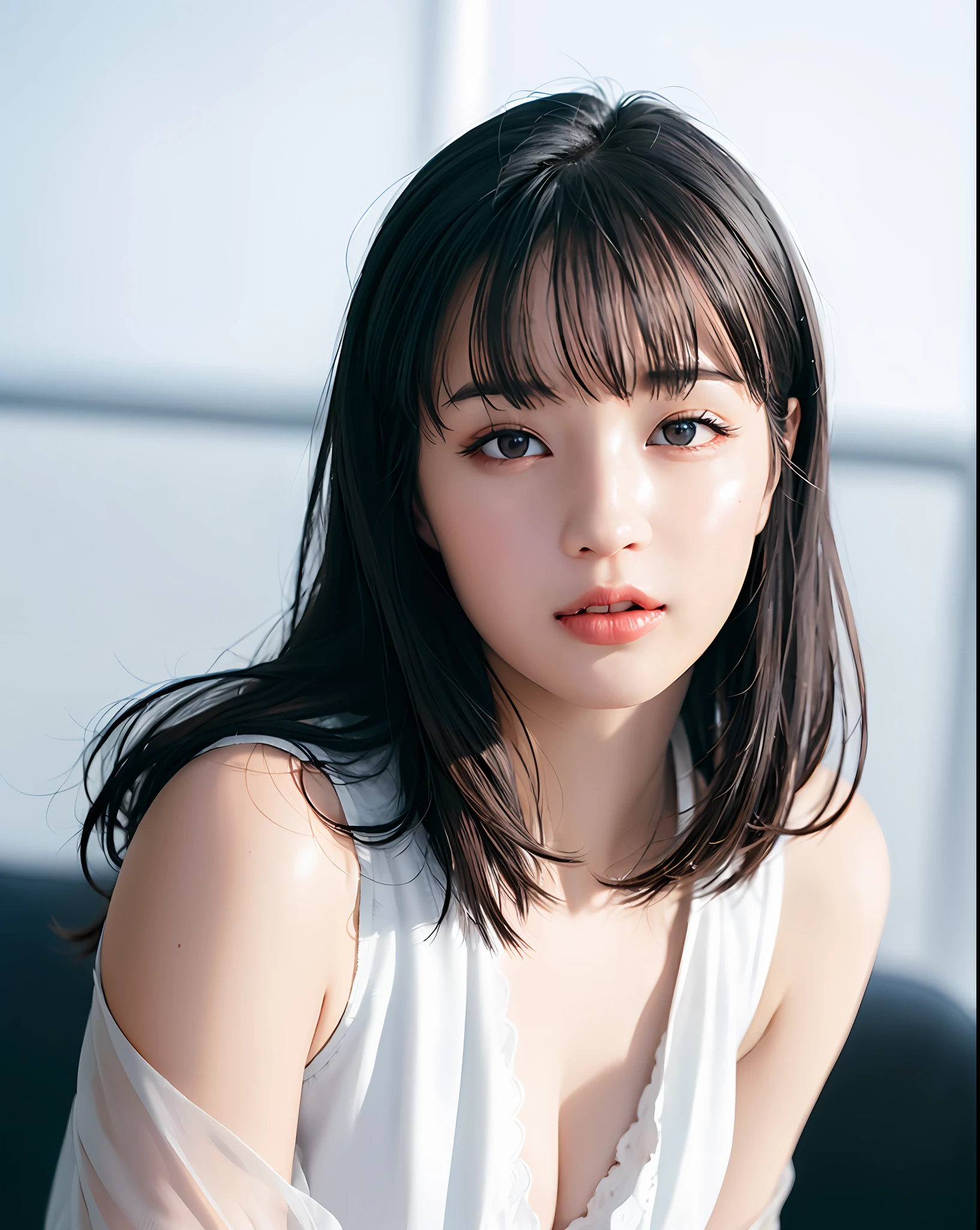 Top Quality, Photorealistic, 8K, High Definition, 1 Girl, Woman, (Portrait: 0.6), Gorgeous, (White Background, Upper Body, Big: 1.65)), (Revealing Off-Shoulder Lace Lingerie))), (Short Wavy Hair, Parted Bangs: 1.6), Watch Viewer, (1 Girl's EyesViewer: 1.6), Photorealistic, ( Bokeh), (floating hair, lips, open mouth: 1.43), gorgeous, pureerosface_v1: 1,