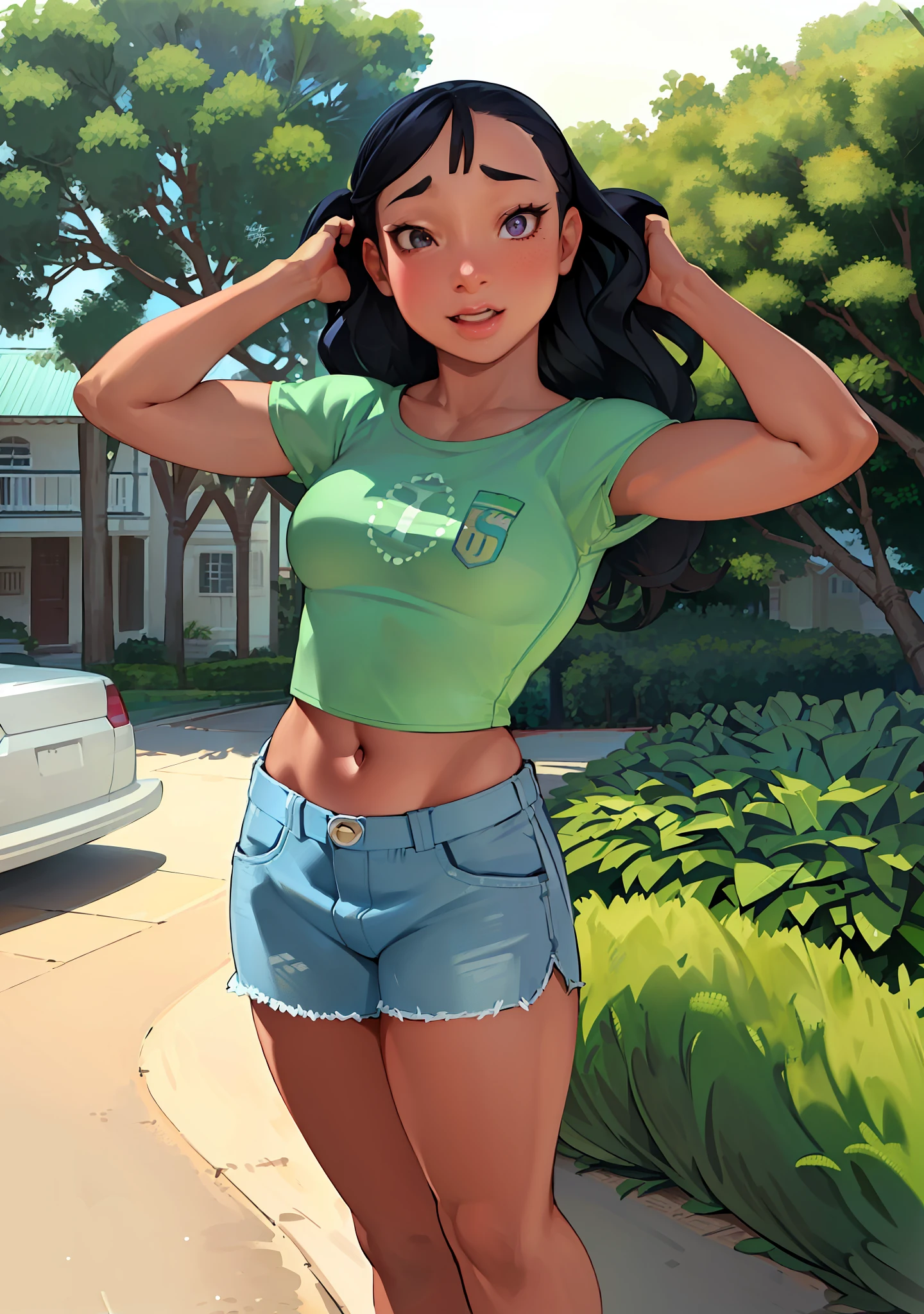 (NaniWaifu:1), surprised, cute, cute pose, looking at viewer, thick thighs, (crop top, shorts, convers:1.2), breast squeeze, 

(realistic:1.2), (realism), (masterpiece:1.2), (best quality), (ultra detailed), (8k, 4k, intricate),(full-body-shot:1),(Cowboy-shot:1.2), (85mm),light particles, lighting, (highly detailed:1.2),(detailed face:1.2), (gradients), sfw, colorful,(detailed eyes:1.2),

(detailed ladscape, house, garden, palm tree, woden house:1.2),(detailed background),detailed landscape, (dynamic angle:1.2), (dynamic pose:1.2), (rule of third_composition:1.3), (Line of action:1.2), wide shot, daylight, solo,