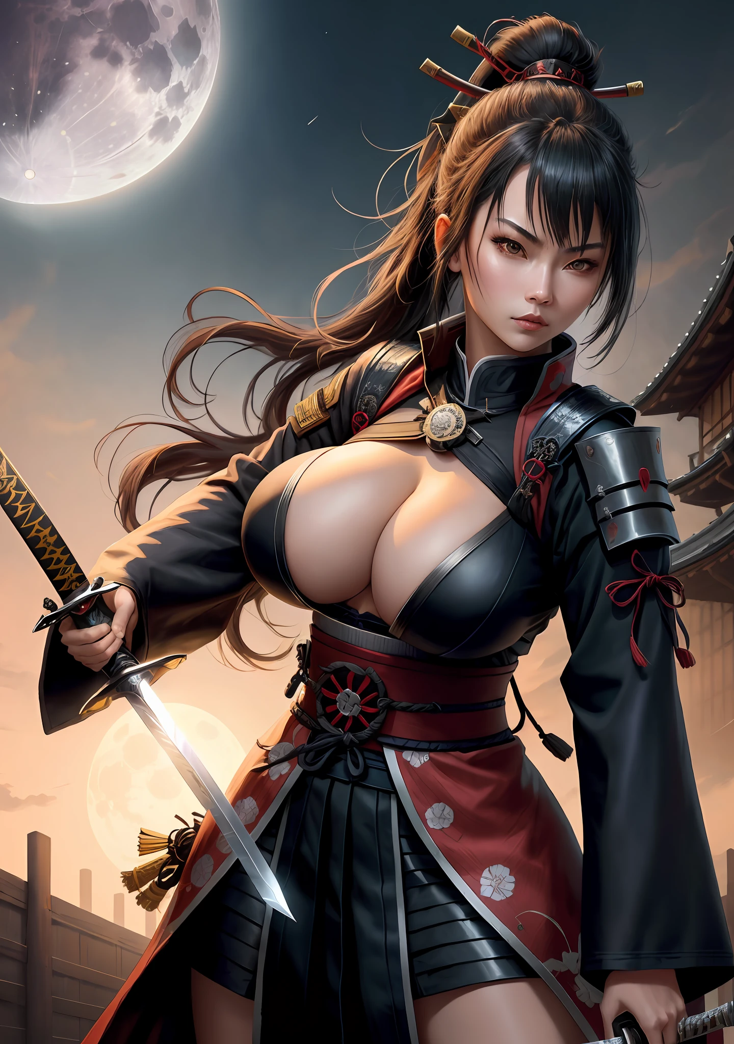 a close up of a person holding a sword in front of a full moon, very beautiful cyberpunk samurai, she is holding a katana sword, inspired by Kanō Hōgai, female samurai, katana, with large sword, demon samurai, from arknights, demon samurai warrior, she is holding a sword, kunoichi, dramatic wielding katana pose, ((super huge breast: 1.9)), (big breasts)