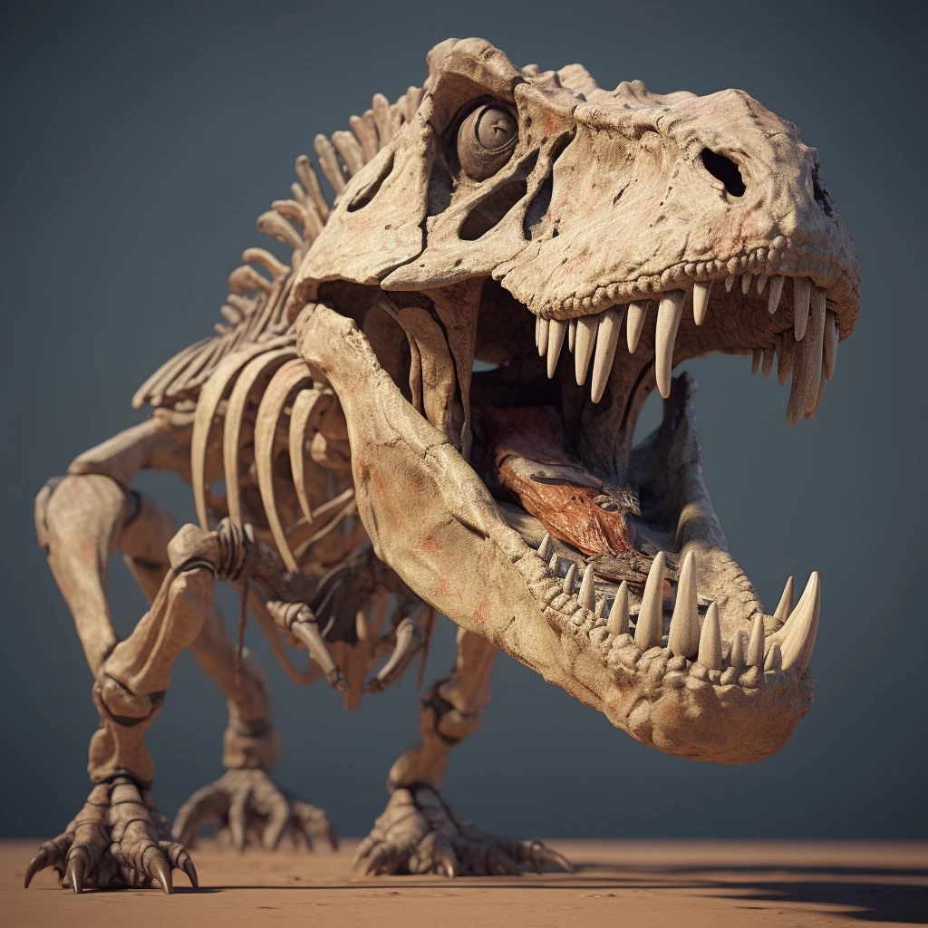 Tyrannosaurus Fossil, Digimon, Skeletal Behemoth, UHD, 8k, high resolution, high detail, octane rendering,--niji