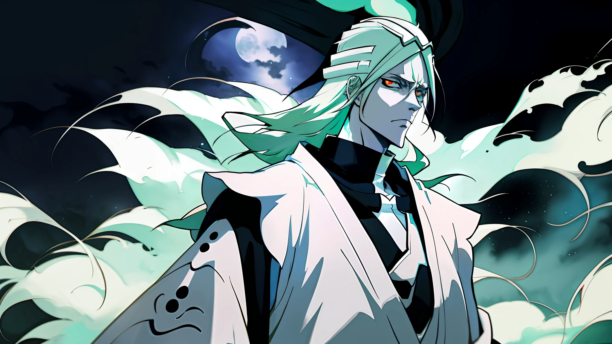 Anime character of Bleach ulquiorra hollow in the vast form full lord looking at the moonlight in the echo world
