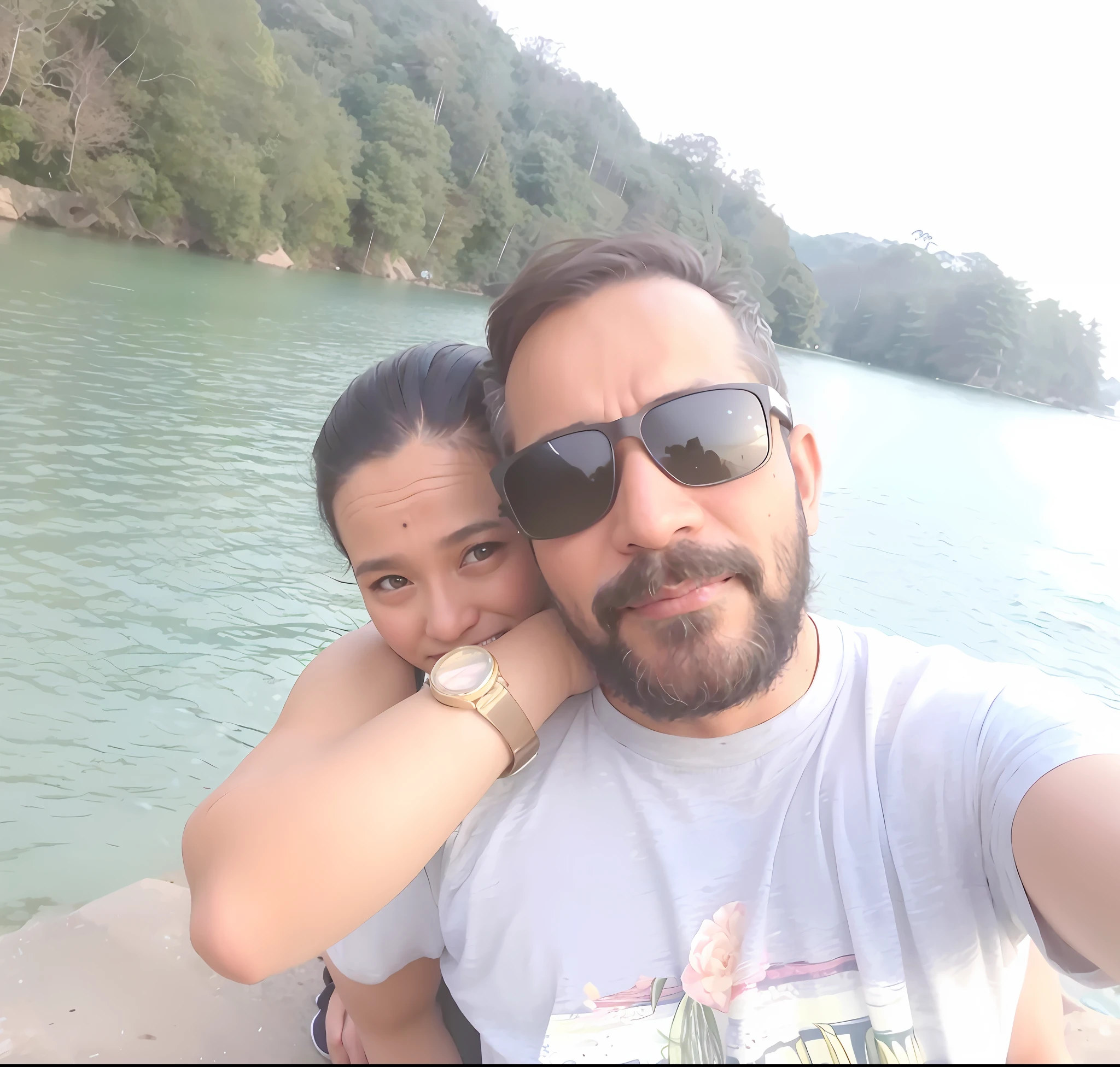 there is a man and woman taking a selfie by the water, in lake, lovely couple, selfie photography, in love selfie, connected with hanging bridge!!, selfie photo, profile image, couple pose, lake in the background, lake view, in a lake, candid picture, couple, 8k selfie photograph, with mountains in the background, by Rajesh Soni