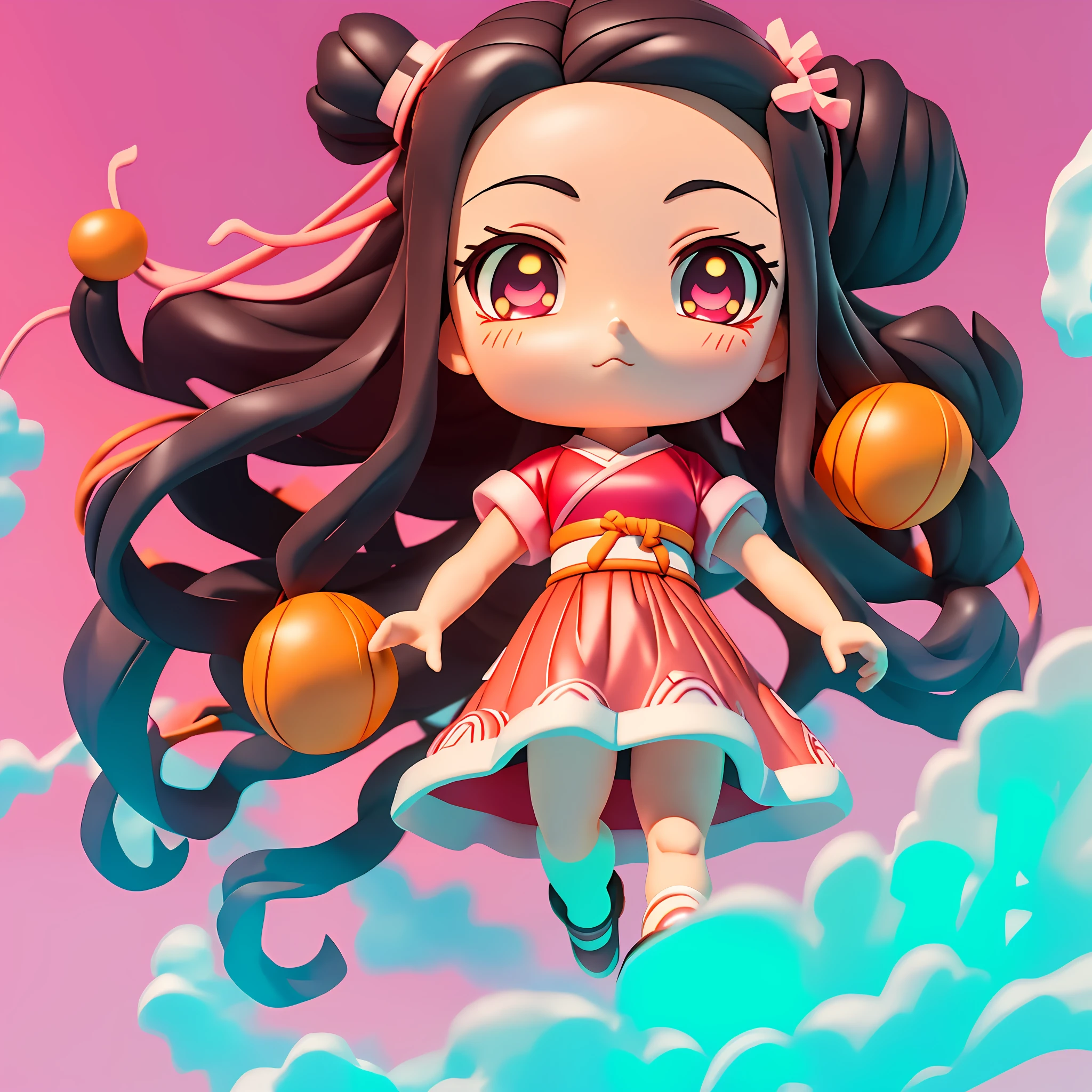 Nezuko Kamado bites bamboo, has large energy waves, the environment is full of greenery and the sky is a combination of pink and purple. The energy waves are bright red with electric sparks around (anime:1.2), (amazing light:1.1), (vivid colors:1.3), (shading cells:1.1), (dynamic elements:1.2),masterpieces, best quality, full-bodied,Nezuko Kamado, (1 girl), beautiful hair, arm portrayal, black and orange hair body, japanese shoes, facial description, beautiful facial features, eye depiction, beautiful hair, pop mart blind box, clay texture, pedal on the floor,3d, super detailed rendering, anime style 3d, cute 3d render, cartoon high profile, 8k render, super highly detailed