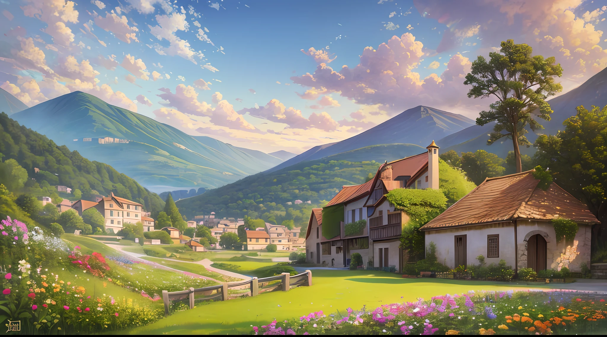 beautiful oil painting, simple village, 1900´s, Italy, Villa Bella Vista, landscape, by sung kim, masterpiece, best quality, high quality, highres, amazing lighting, detail enhancement, 8k resolution, awe inspiring, super wide angle, hd, super wide angle
