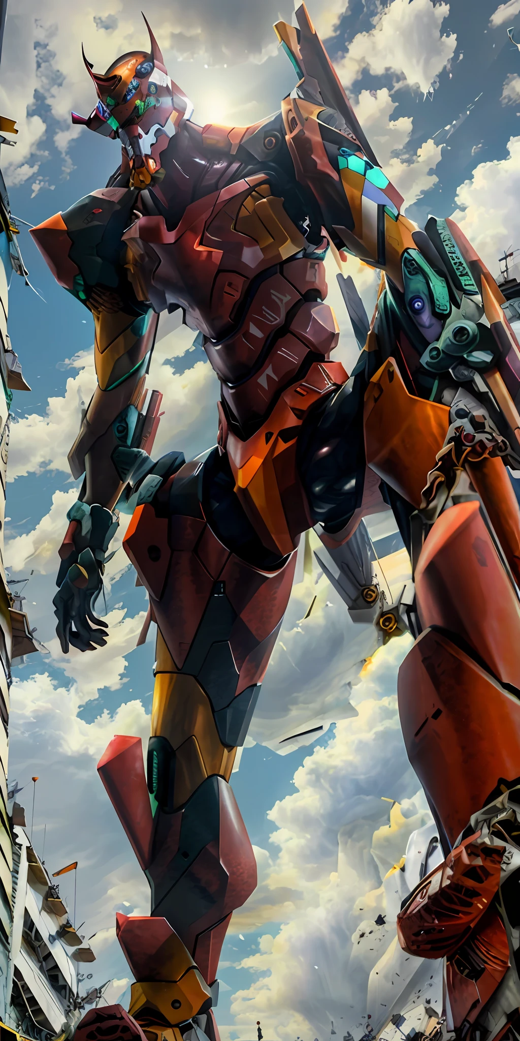 ((eva 02), evagod:1.1), evagenlion, Concept Design, sci-fic character design, SCIENCE FICTION, giant robot, advanced metal and Ceramic Mecha, Accurate EVA 02 head details, high-tech, huge android, (outdoors, sky, clouds), global illumination, rim light, octane rendering, ray tracing, 4k, Best quality, masterpiece, high res, highly detailed, scientific anatomy, carbon fiber, titanium alloy, hyperrealistic, anatomical, beautiful Tokyo-3 background, CG, unity, wallpaper, Futurism, epic sense, doomsday, sci-fi fighter, giant machinery, correct perspective