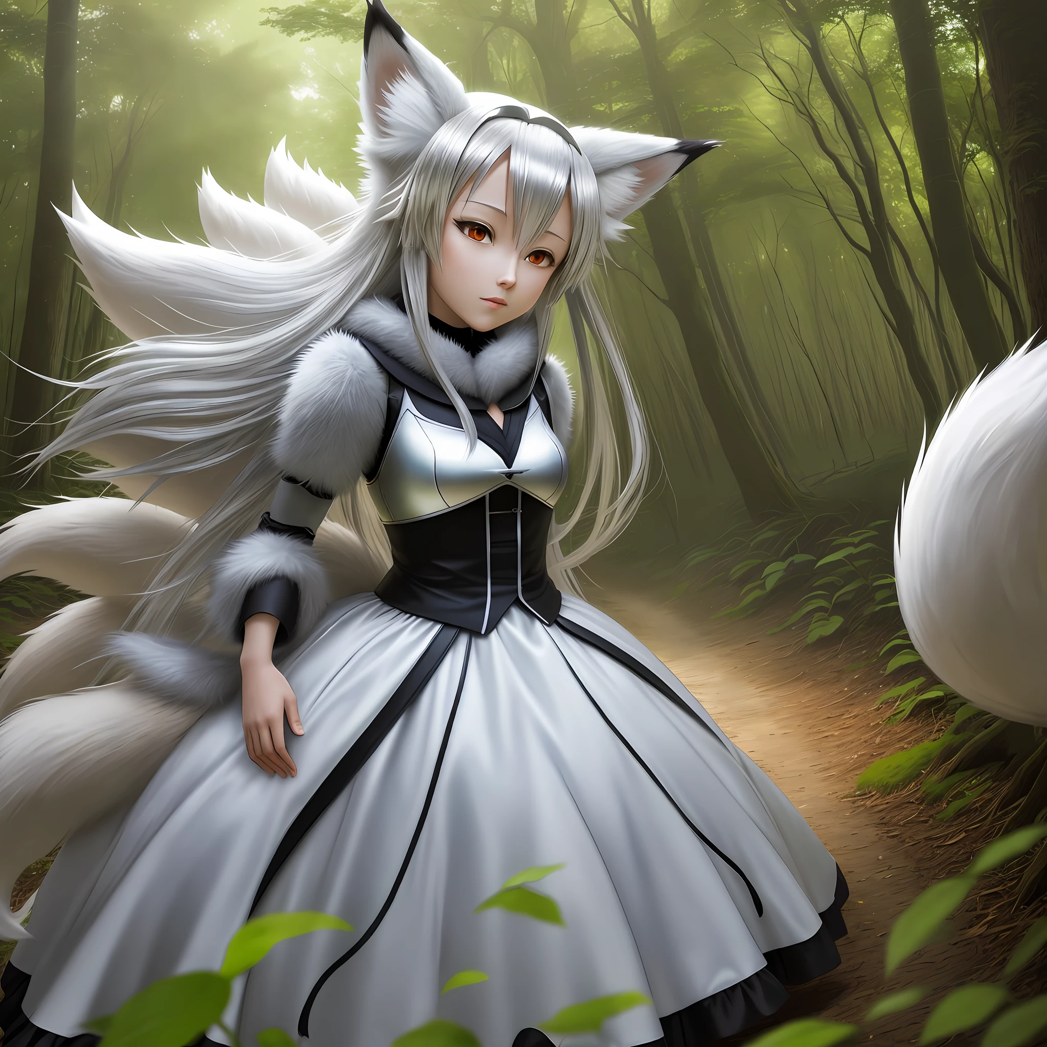 Anime silver 9 tails fox in the woods