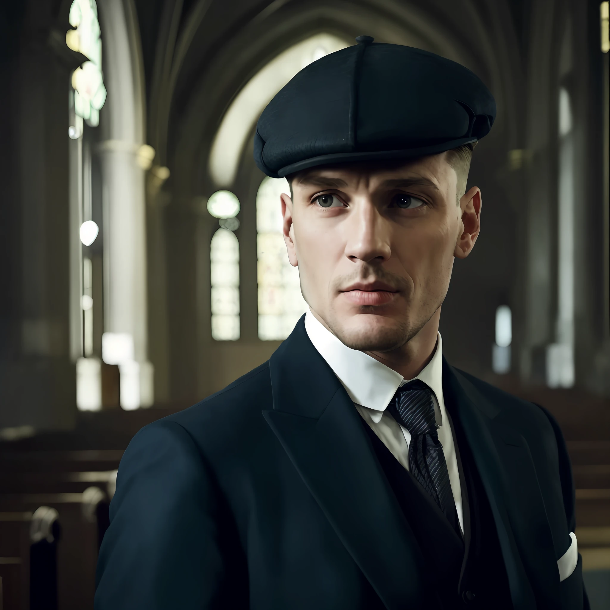 There's a man in a suit and hat standing in a church, Peaky Blinders, costumes from Peaky Blinders, Peaky Blinders (2018), A Proper Man in a Hat, Tom Hardy as Henry Dorsett Case, inspired by Max Magnus Norman, Peaky Blinders Gang, cinematic Full Shot