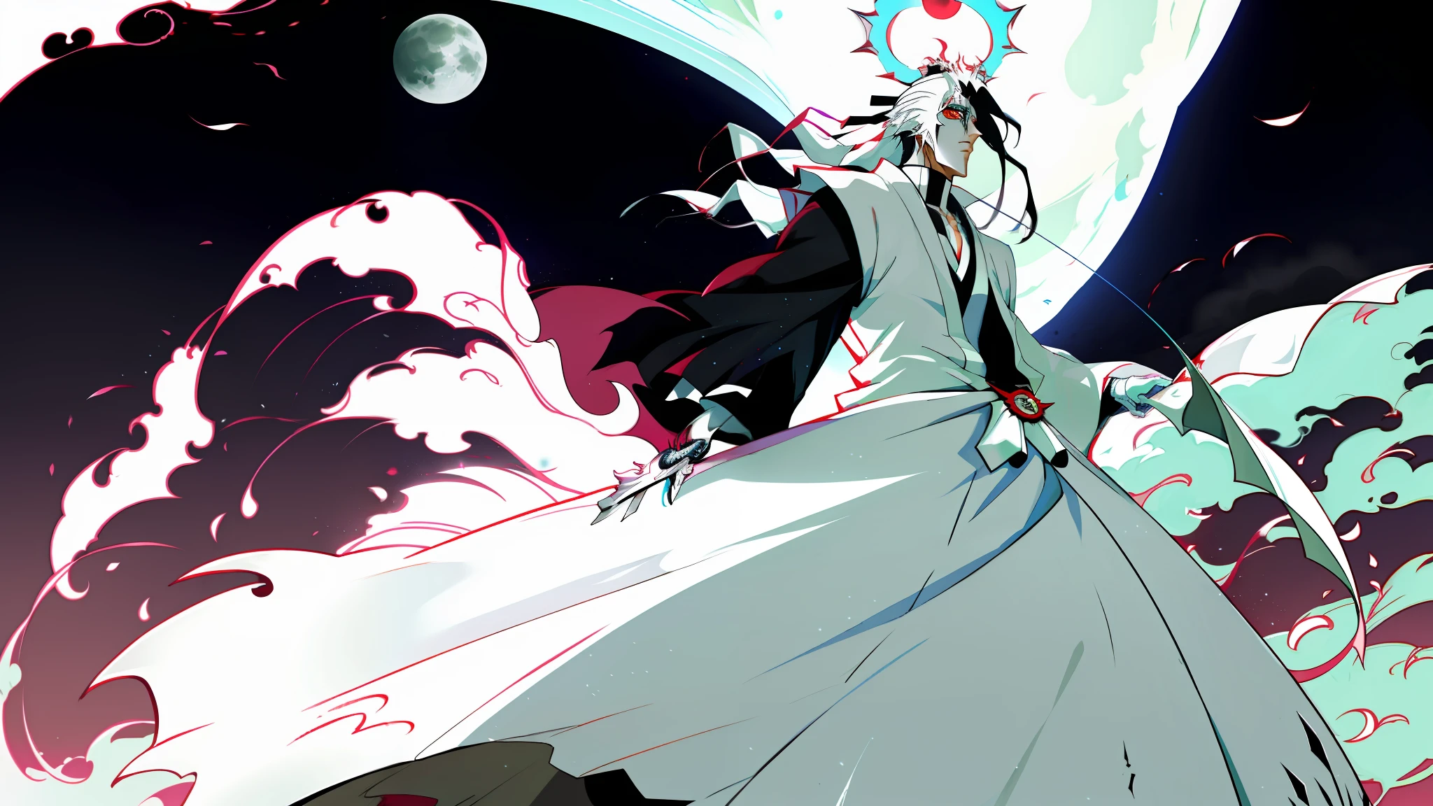 Anime character of Bleach ulquiorra hollow in the vast form full lord looking at the moonlight of the moon in the echo world with. The complete cyfer form
