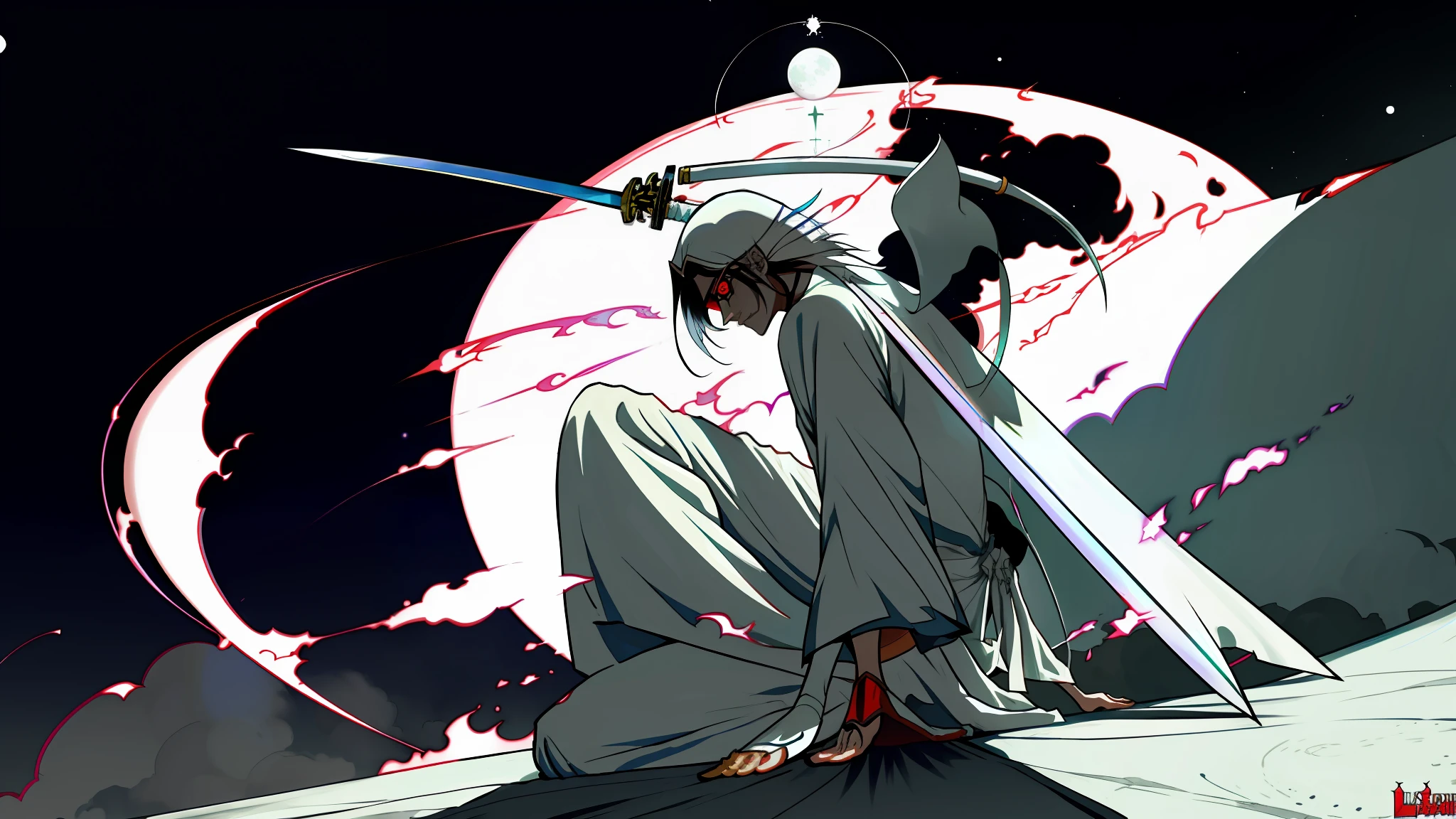 Bleach anime wallpaper of ulquiorra hollow character with full ressurection form the shadow of the moonlight and moonlight foot view in the echo world and him looking at the moon written on top 4 ulquiorra cyfer sword