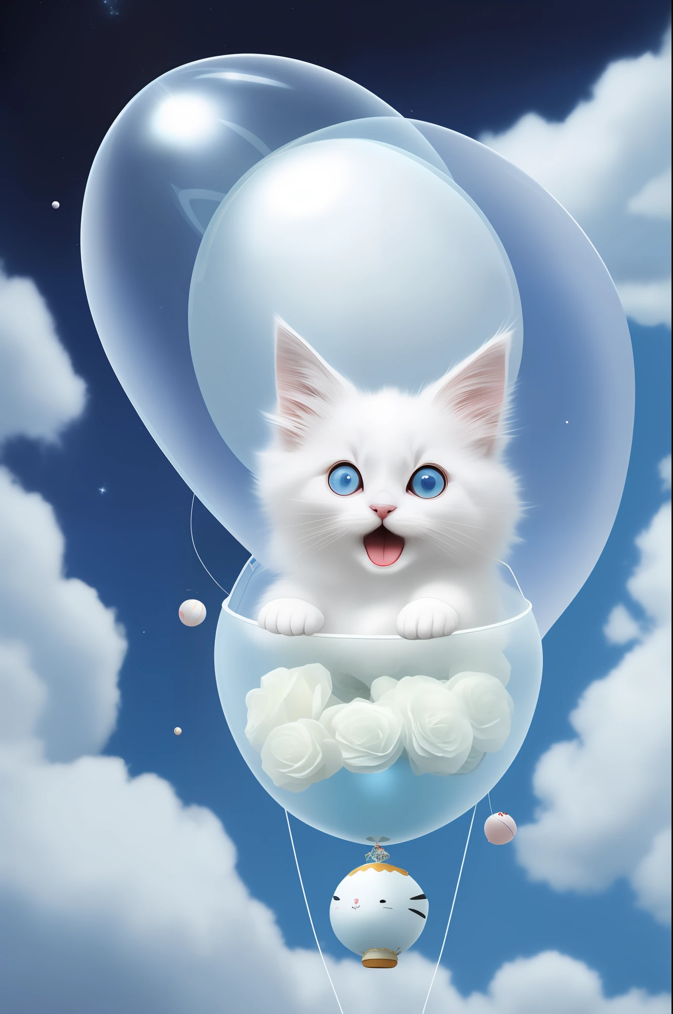A cute fluffy white-haired kitten with big ears, big eyes, inside a large balloon, full body, roses, light blue background, Morandi color system, minimalist style, open mouth, laugh!!!, funny, (floating in space: 1.1) jubbslineart_v2