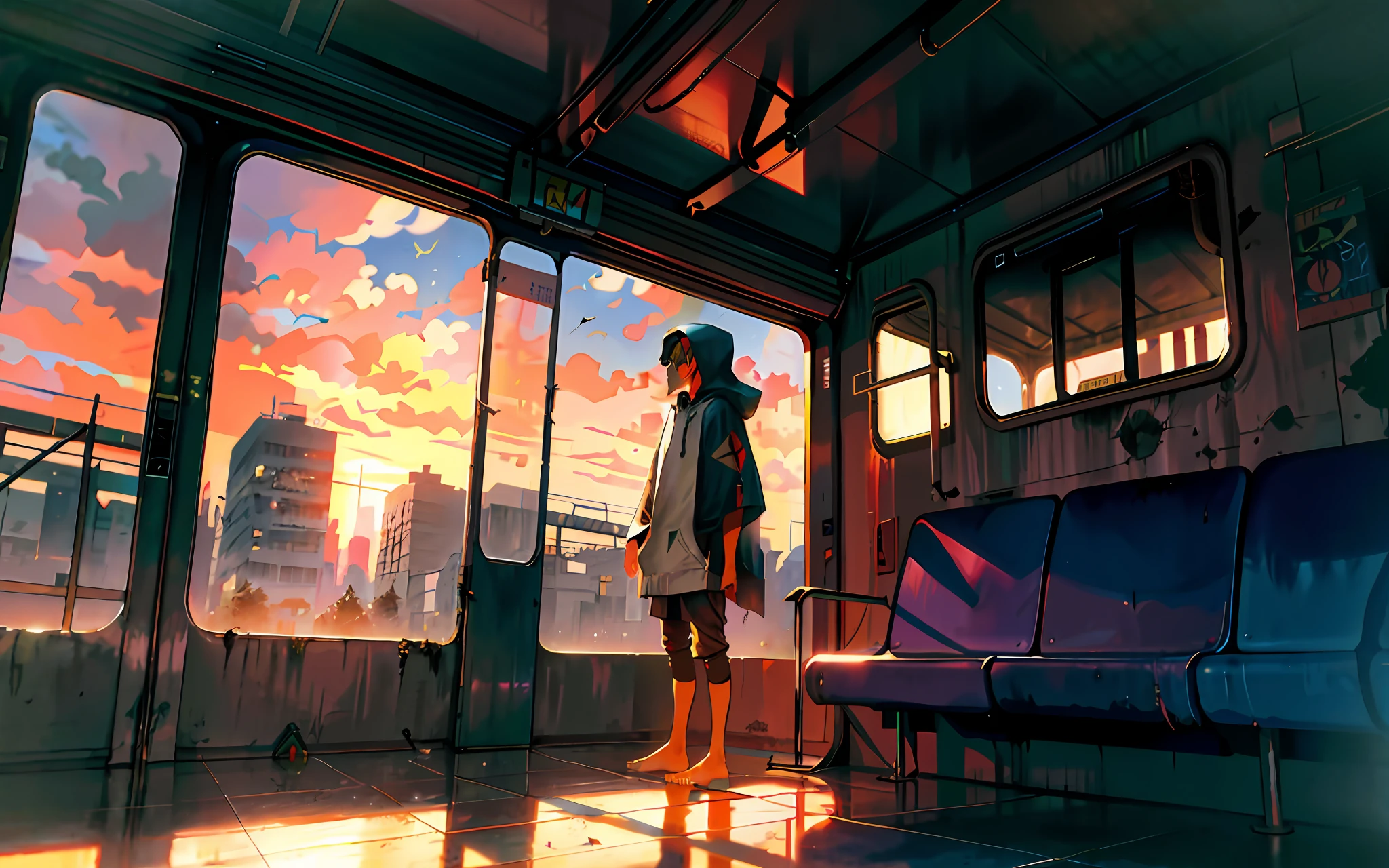 A age boy wearing a very loose tan poncho with a hood on his face, dirty bare feet, inside a train carriage, dirty, dirty, garbage on the floor, city background, sunset
(Best quality: 0.8), (Best quality: 0.8), perfect anime illustration, dark masking face, glowing eyes
