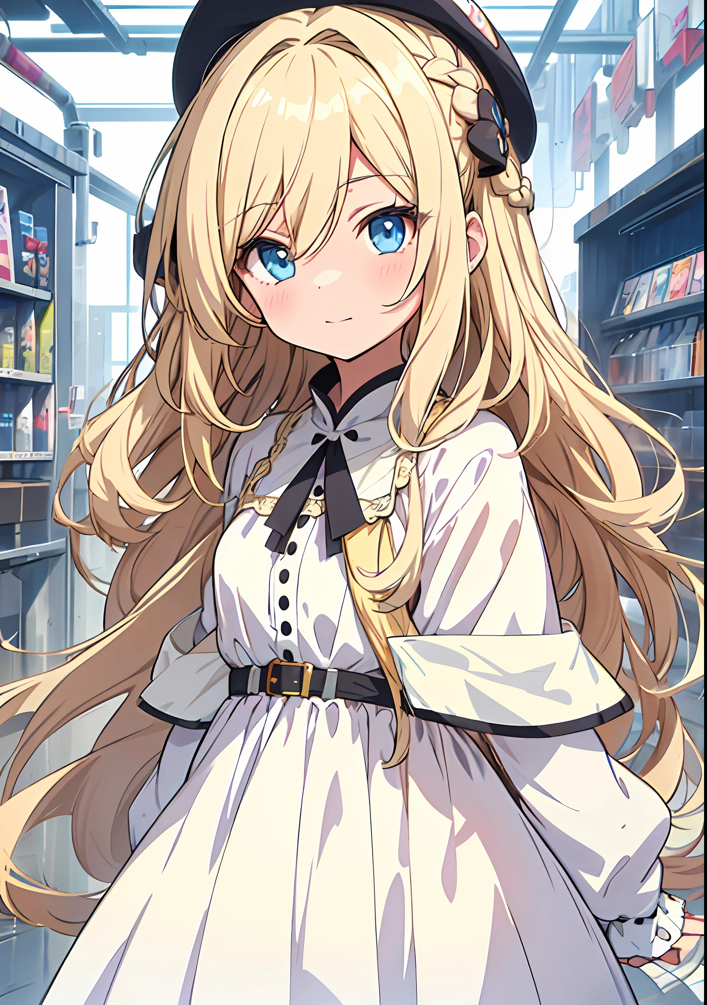 A painting of a girl with long hair and tie, anime girl with long hair, long hair girl, little curvy loli, long hair blonde anime girl, loli in dress, clean anime silhouette, big eyes and flowing long hair, cute anime girl, very cute anime girl face, beautiful anime girl, (blonde hair: 1.1), (blue eyes: 1.1), (white dress: 1.1), cool skin, rich hungry details