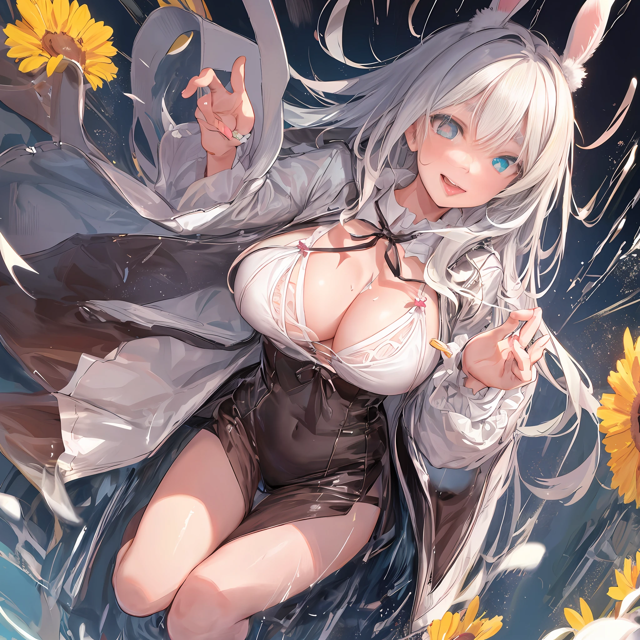 Face focus, tongue, mouth wide open, mouth focus, thick eyebrows, beautiful eyes, rabbit ears, heavy rain, raincoat, bikini, evil smile, ((masterpiece)), ((best quality)), (super detailed), cute girl, one girl, solo, (((beautiful eyes)), anime girl, happy and cute face, beautiful detailed eyes clean and detailed face, five fingers, textile shading, perfect anatomy,