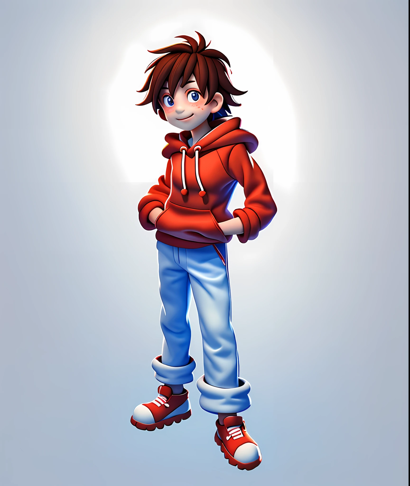 A teenager, smiling, red hoodie, top pocket white, blue pants, hand in top pocket, red sneakers, brown hair, freckles on face, band-aid on nose, 3d, cute, lighting, white background, hd,