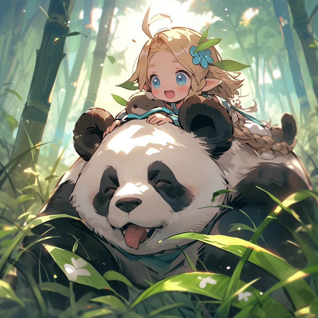 A girl with short blonde hair, elf ears, green pupils, thick eyebrows, wearing a white strapless dress, riding a giant panda in the spring meadow,in style of The Legend of Zelda: Breath of the Wild --niji