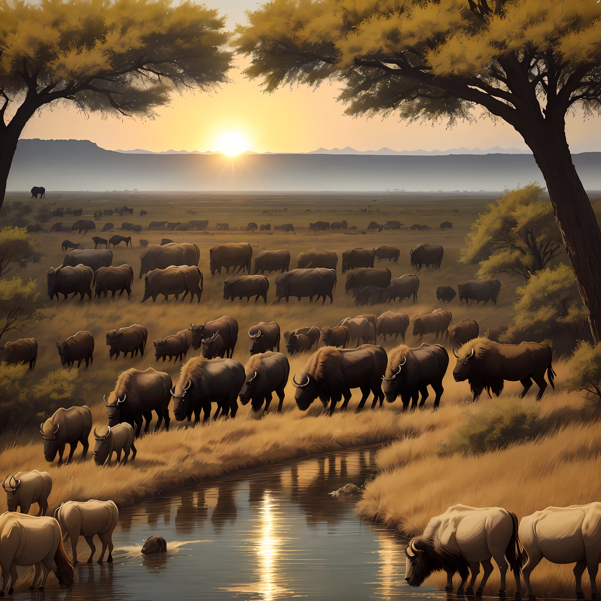 In the hot African savannah, herds of bison are migrating. They cross a river with a sparkling surface that adds a touch of coolness to the scene. However, the river is the domain of lions, who are waiting for their chance. Several lions have even quietly approached the bison herd, their eyes revealing a desire for prey. At this time, the bison appeared very vigilant, and they remembered the danger in the land and began to speed up their pace. Surrounded by vast African savannahs, the sun hangs high, making people feel the endless heat. In the distance, there are many trees that add a bit of life to this vast savannah. In this scene full of life and death, wildness and peace are intertwined, and people can't help but feel awe.