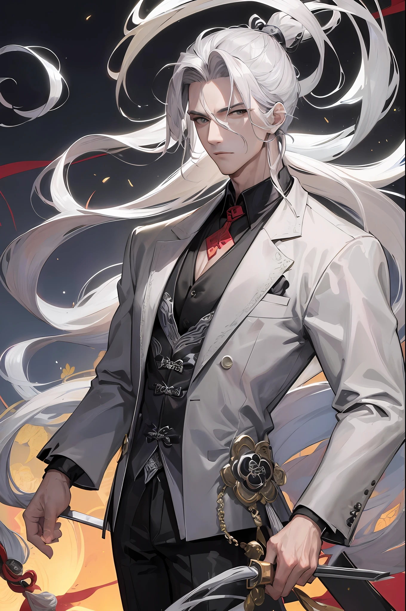 Masterpiece, Superb Style, Night, Full Moon, 1 Man, Mature Man, Chinese Style, Ancient China, Handsome Guy, Pectoral Muscles, Cold Face, Expressionless Face, Silver-White Long-Haired Man, Calm, Intellectual, Three Bands, Gray Eyes, Assassin, Short Knife, Flower Ball Background, Walking Street View