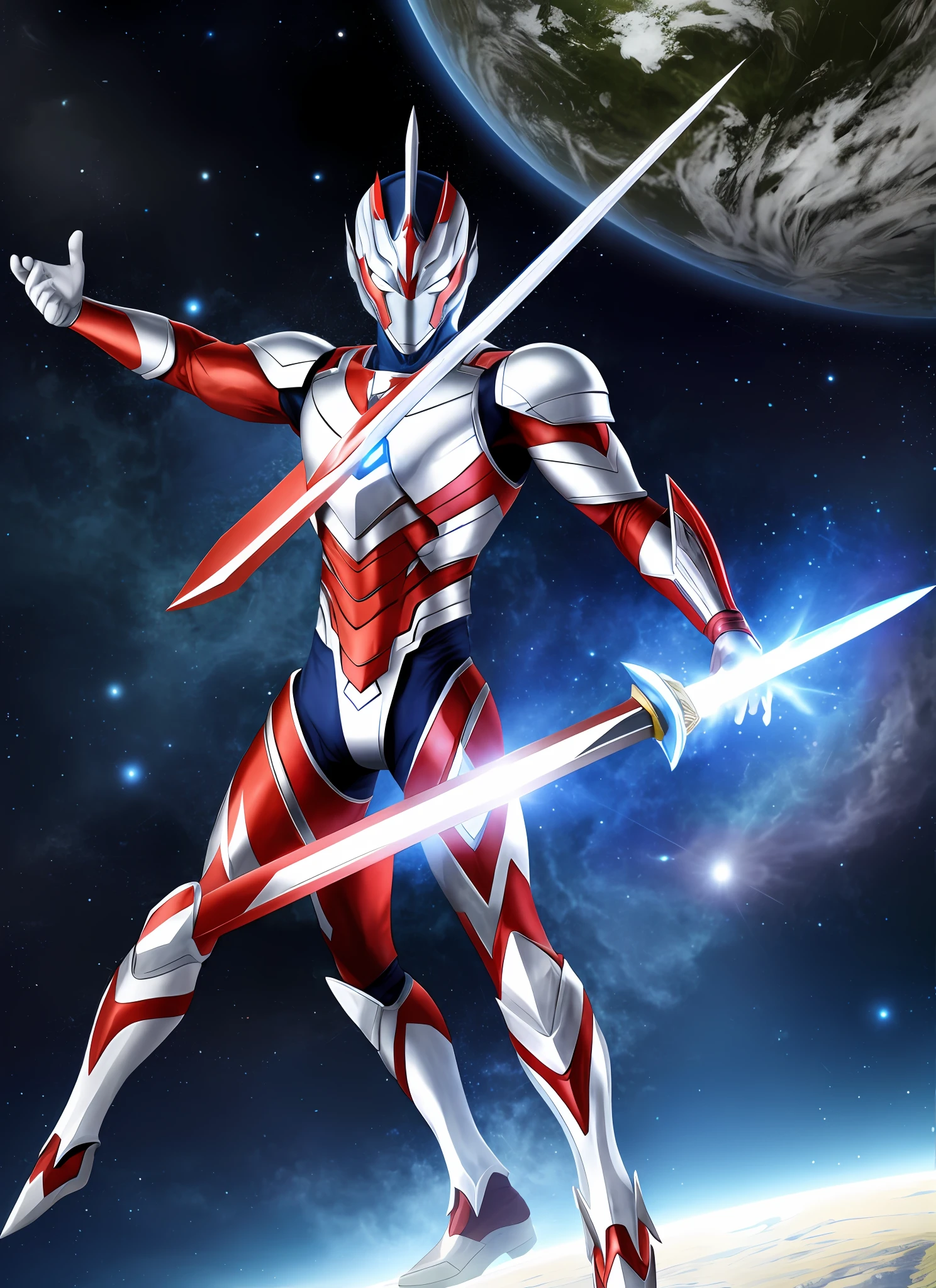 Ultraman holds a giant sword and turns his back on the earth, the universe