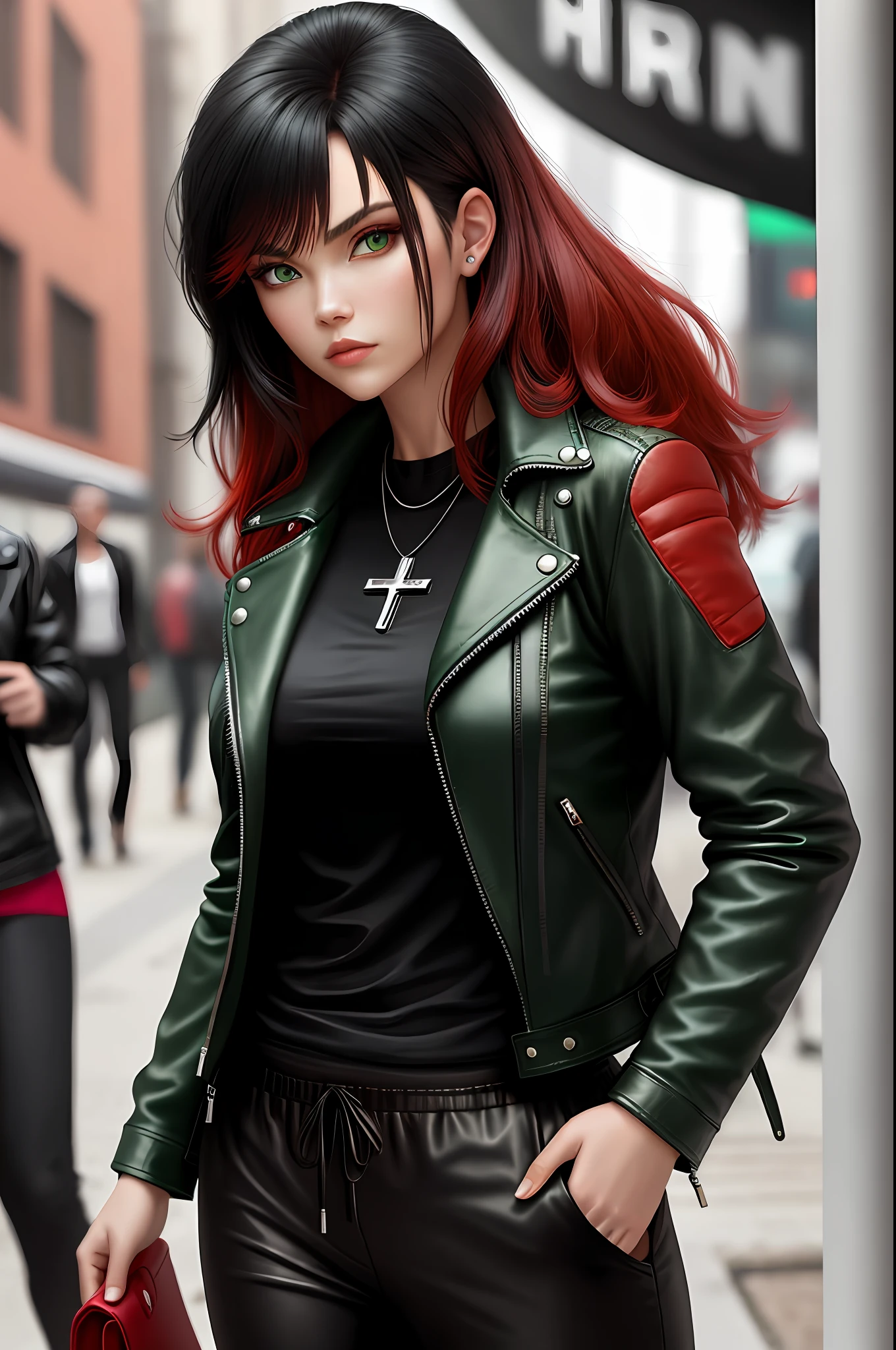 woman,leather jacket,black hair,red hair,detailed green eyes,red sweatpants,cross necklace,asiatic
