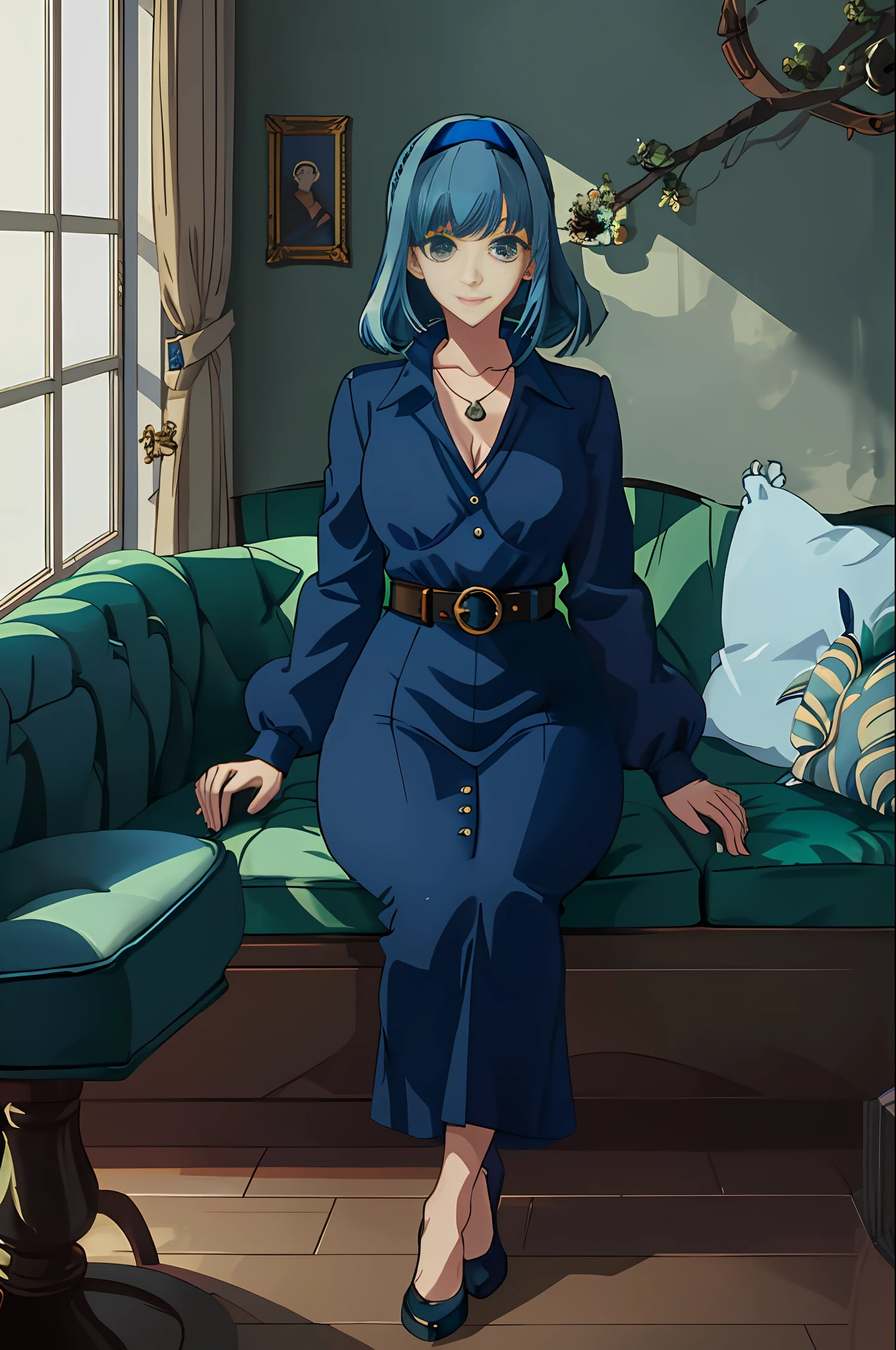 1woman, solo, masterpiece, best quality, highres, blue hair, gradient hair, green hair, blue clothing, deep blue clothing, velvet room attendant outfit, smile, asymmetrical hair, headband, brown belt, medium breasts, slim waist, thick thighs, cleavage, seated, dark blue sofa, beautiful, sitting down, (((anime))), smiling, perfect face