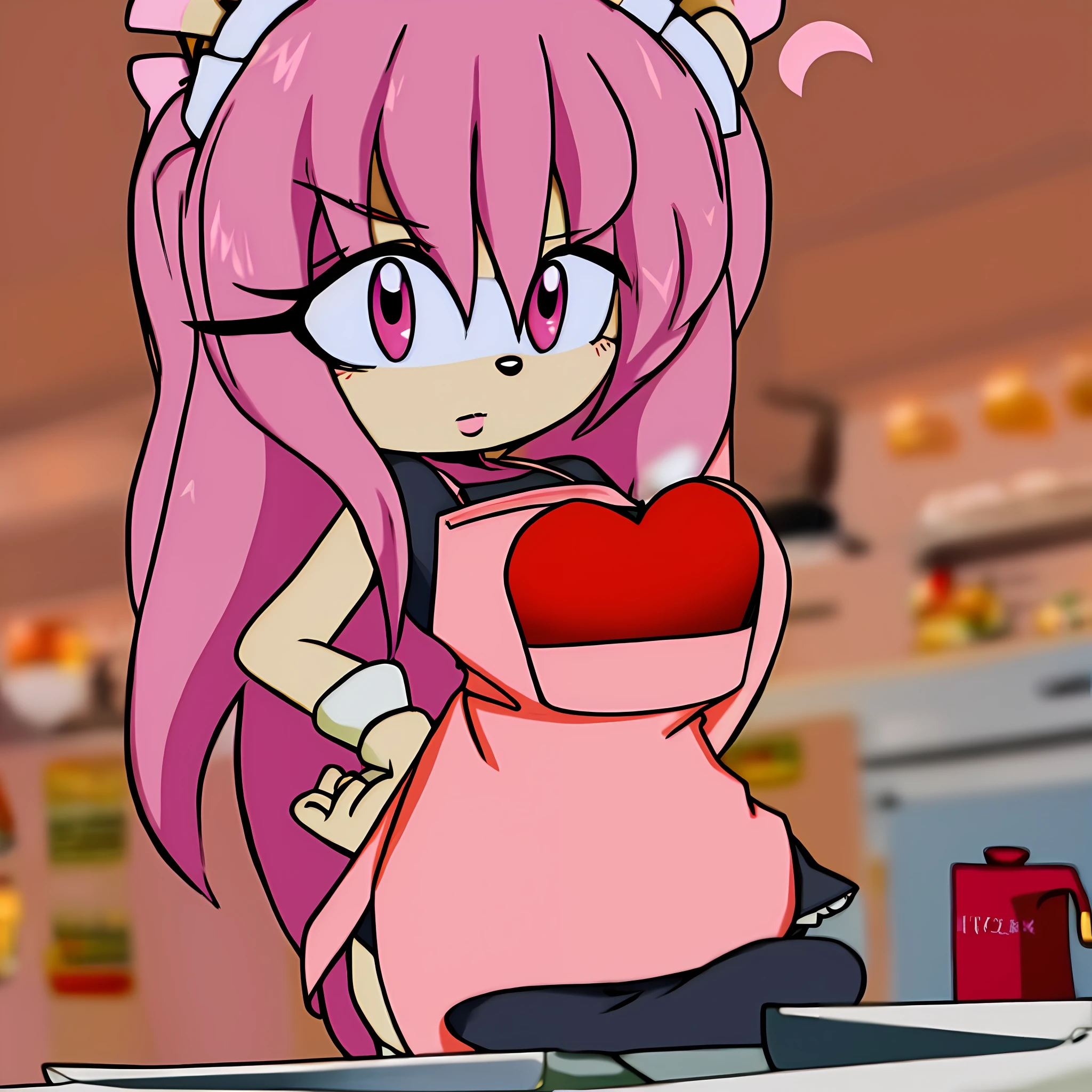 ANIME WOMAN, pink hair, sexy, long hair, strawberry in hair, pink clothes, heart accessory in hair, pink eyes, blurred kitchen background, apron,