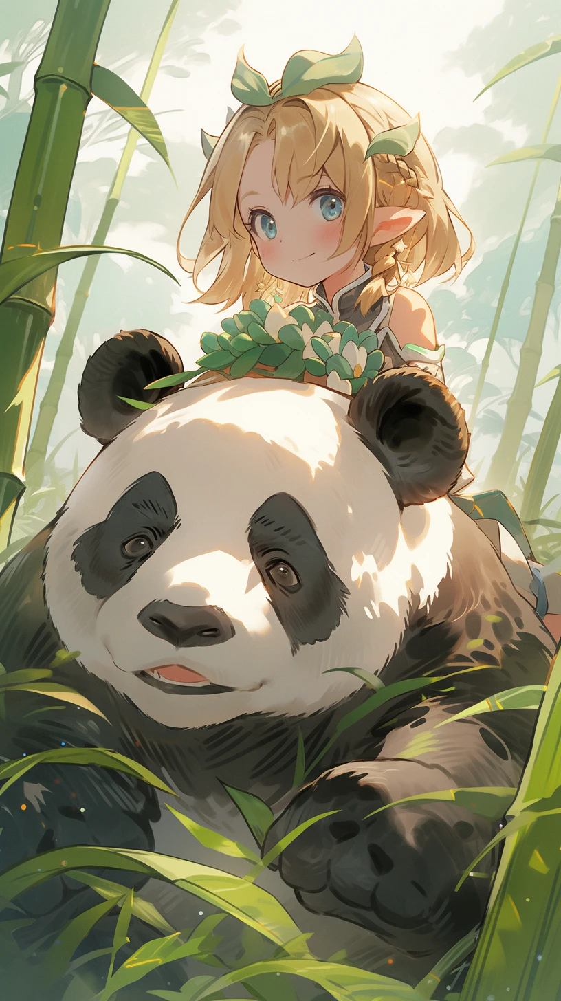 A girl with short blonde hair, elf ears, green pupils, thick eyebrows, wearing a white strapless dress, riding a giant panda in the spring meadow,in style of The Legend of Zelda: Breath of the Wild --niji --ar 9:16