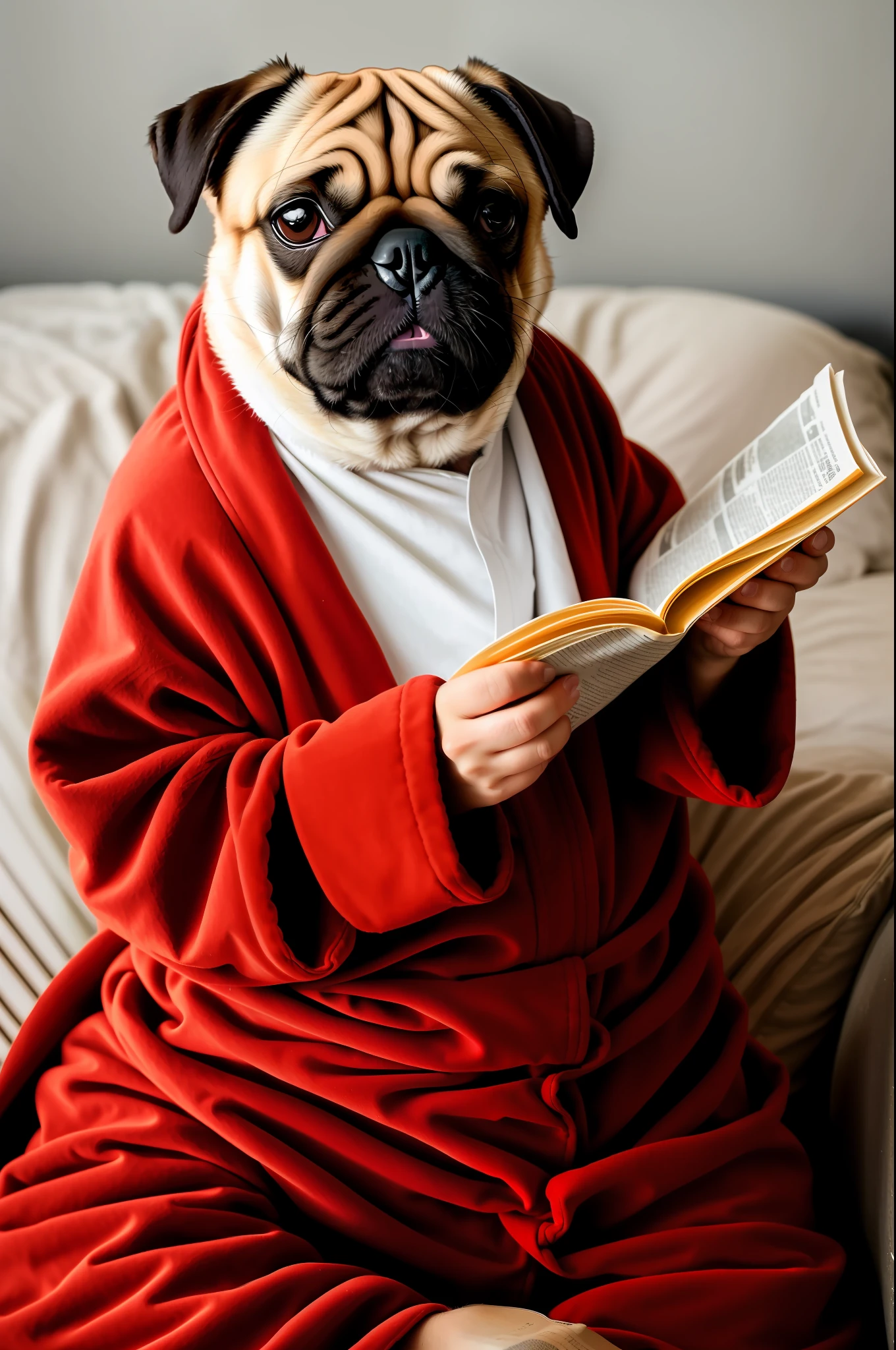 anthropomorphic pug dog, in a robe, eating breakfast and reading the newspaper, lightroom, cinematic, hdr, raw, intricate, high quality, soothing tones, intricate details, low contrast