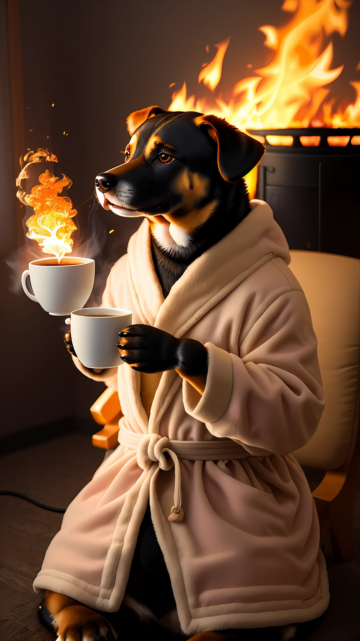 (best quality:1.23), (masterpiece:1.12), (realistic:1.24), (anthropomorphic dog:1.5) holding a coffee cup, sitting, in a robe, eating breakfast and holding a coffee cup, hat, particles, volumetric lighting, room burn down, ground and chair on fire, lots of gadgets and equipment on fire, smoke, (flames all around:1.2),