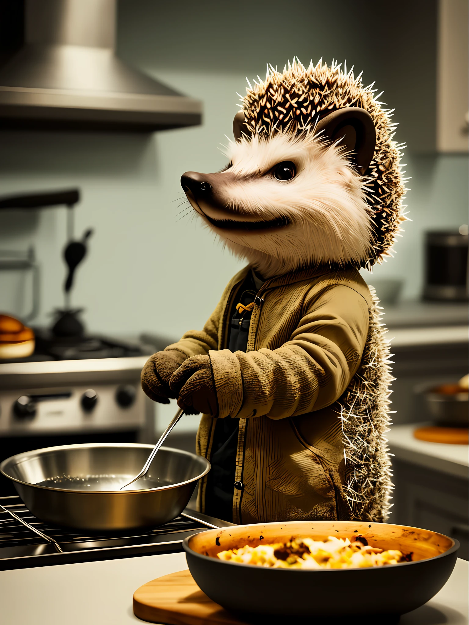 anthropomorphic hedgehog cooking in the kitchen, lightroom, cinematic, hdr, raw, intricate, high quality, soothing tones, intricate details, low contrast
