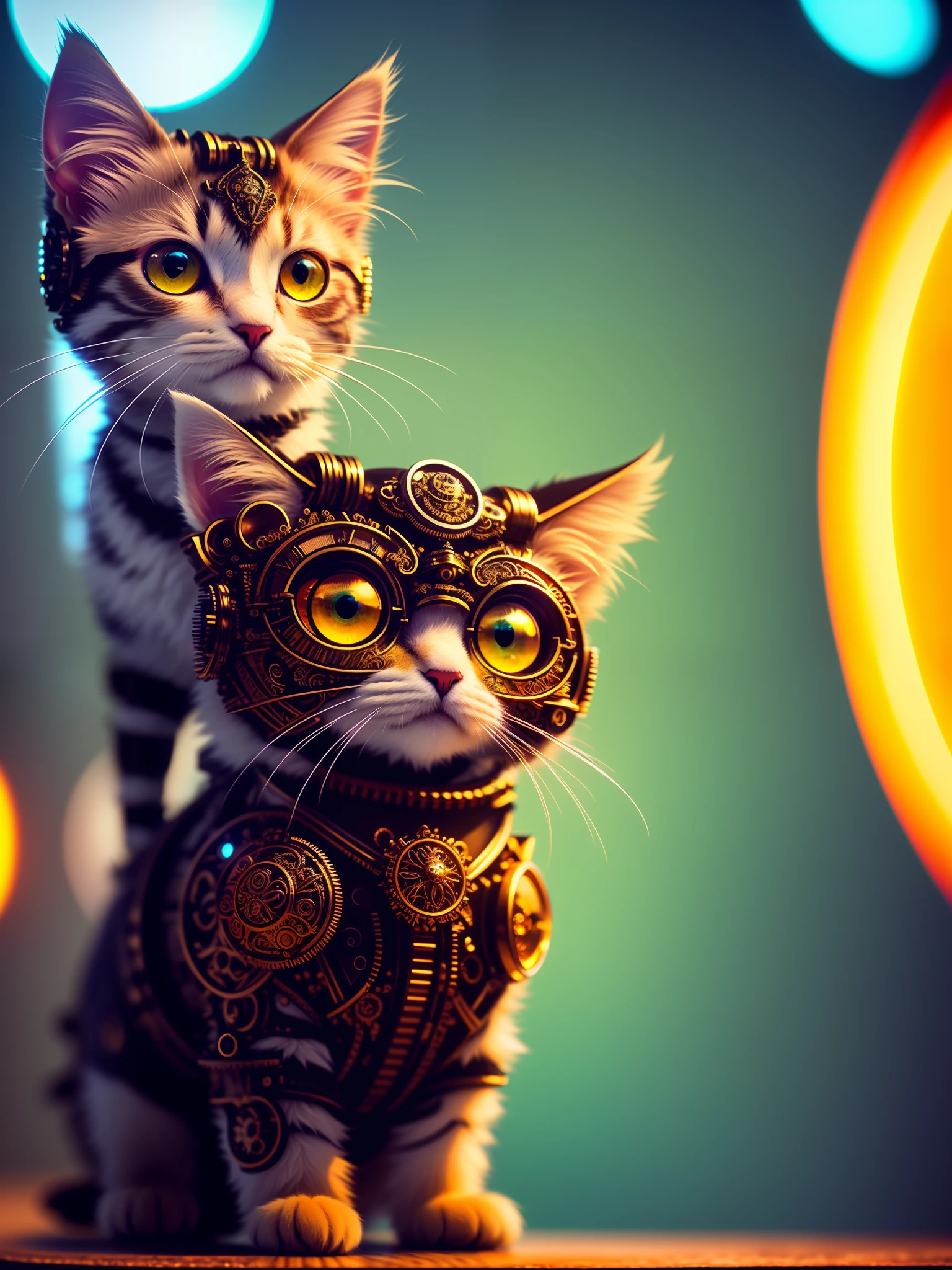 Cute fluffy kitten made of metal, cyborg, cyberpunk style, clockwork, (((intricate detail)), HDR, big eyes, (intricate detail, super detail)), vacuum tube or electron tube, cinematic shot, vignette, bokeh effect tortoiseshell