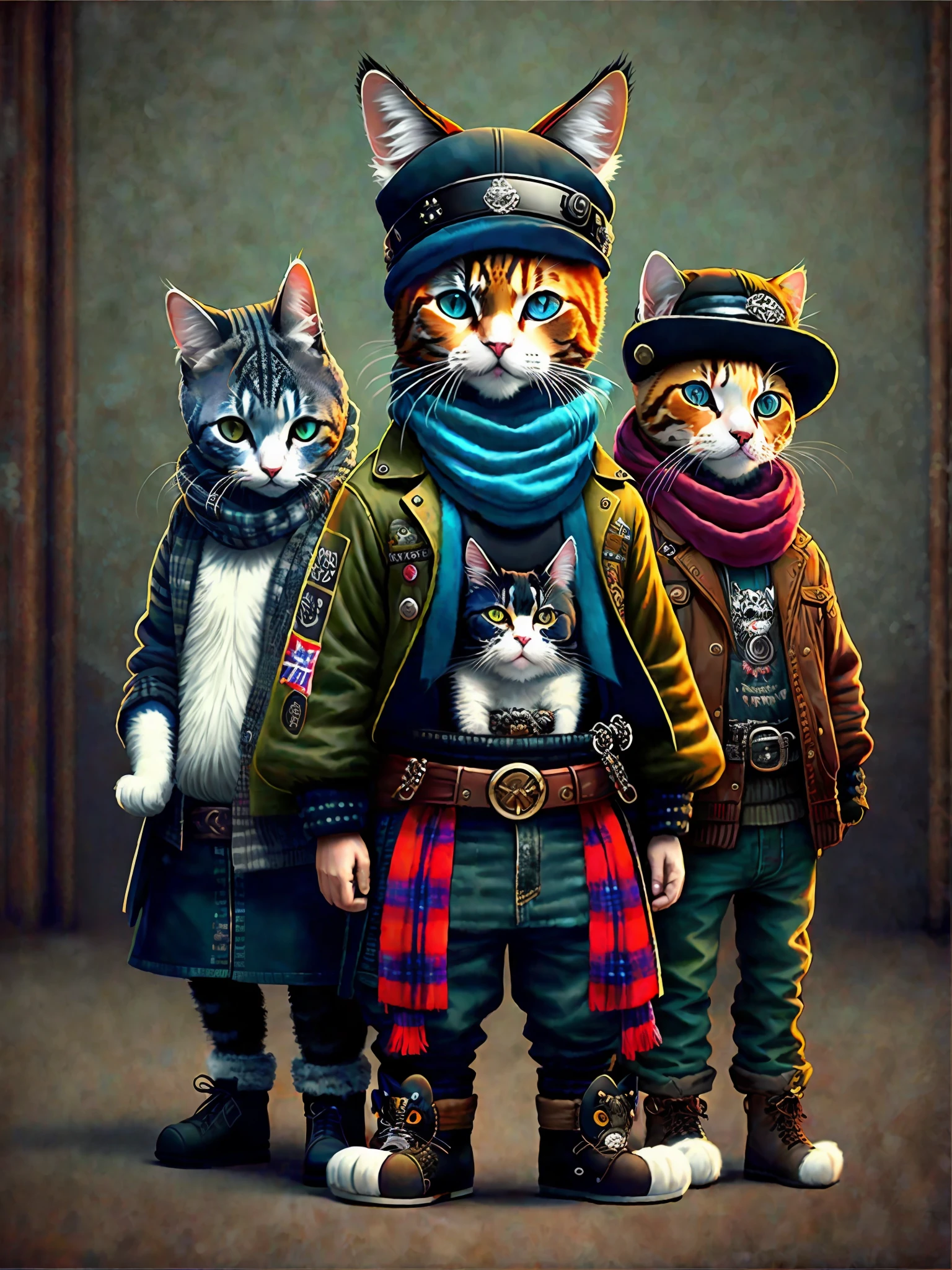 Pictures of cats in hats and scarves, art station trend, people in punk clothes, ultra-realistic detail rendering, british gang members, urban style, intimidating poses, planet of cats, fashion clothes, urban samurai, meow, West Slavic features, 8 1 5