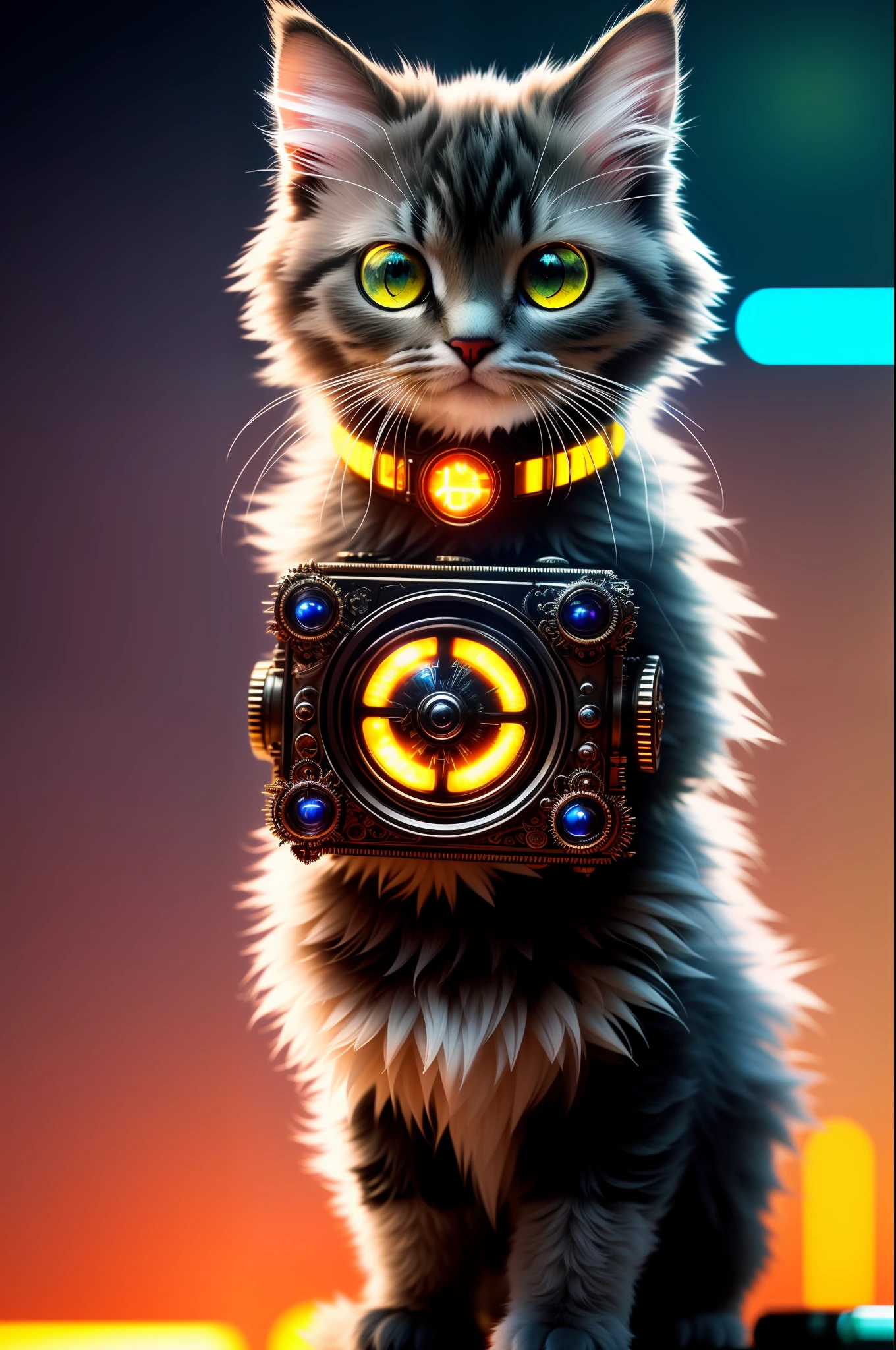 Cute fluffy kitten made of metal, cyborg, cyberpunk style, clockwork, (((intricate detail)), HDR, big eyes, (intricate detail, super detail)), vacuum tube or electron tube, cinematic shot, vignette, bokeh effect tortoiseshell