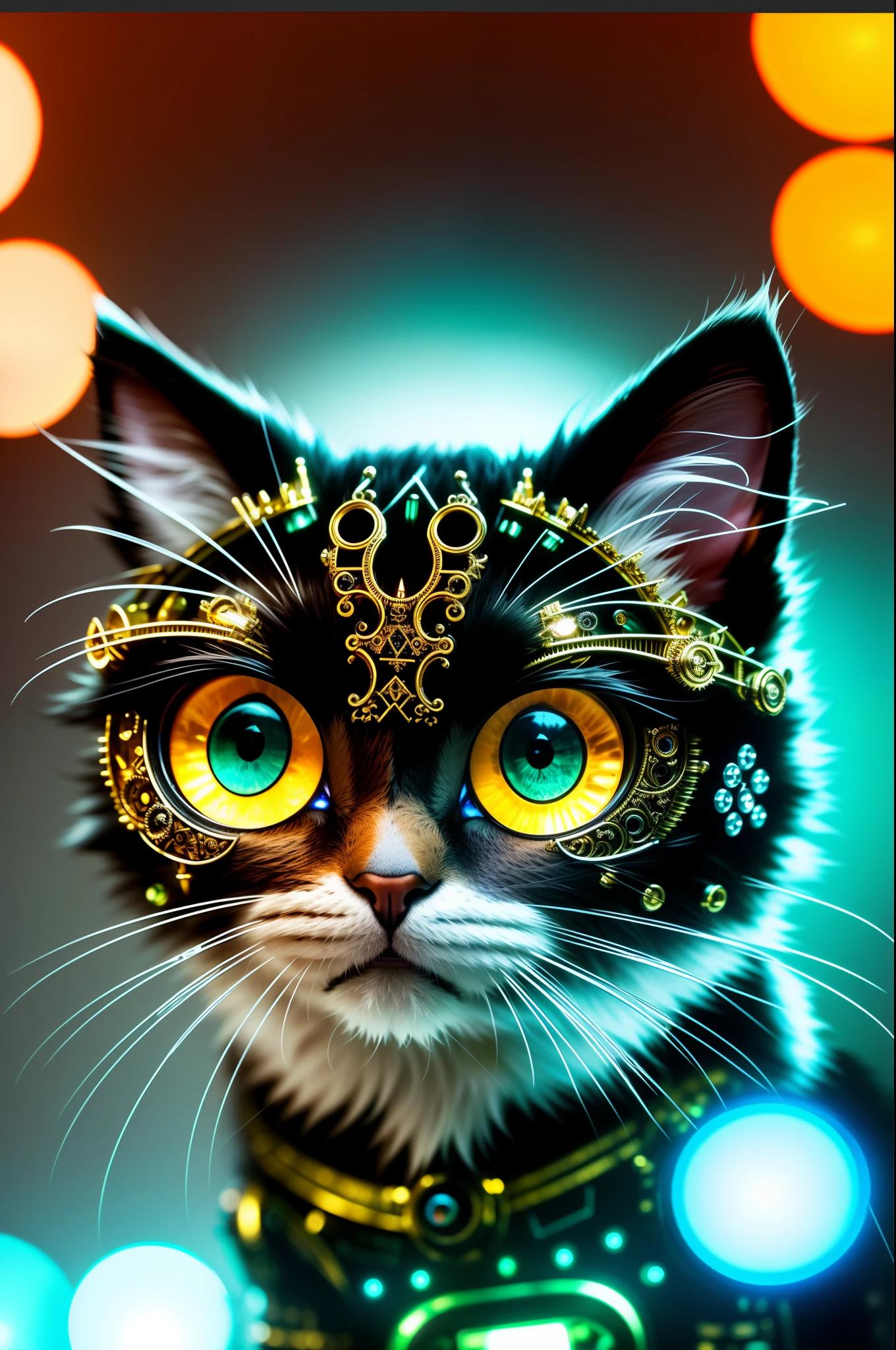 Cute fluffy kitten made of metal, cyborg, cyberpunk style, clockwork, (((intricate detail)), HDR, big eyes, (intricate detail, super detail)), vacuum tube or electron tube, cinematic shot, vignette, bokeh effect tortoiseshell