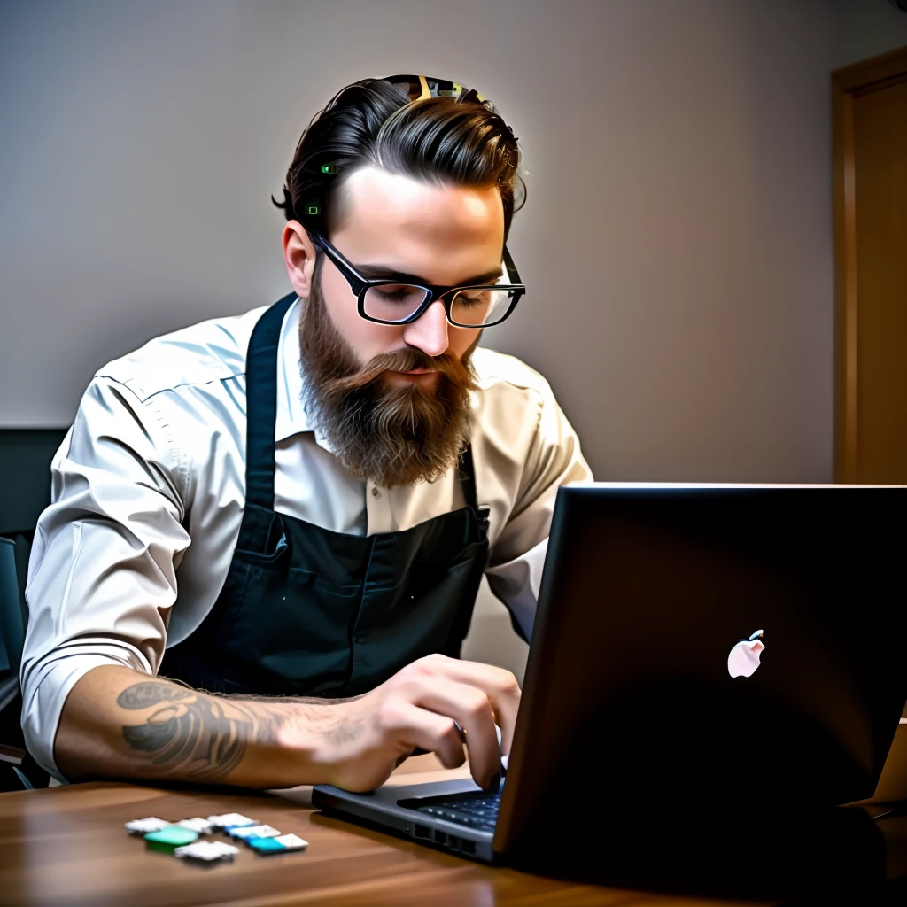 Man with beard fixing a computer, the computer is open, the pieces are on the table