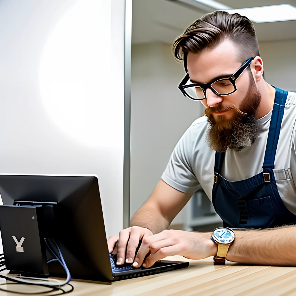 Man with beard fixing a computer, the computer is open, the pieces are on the table