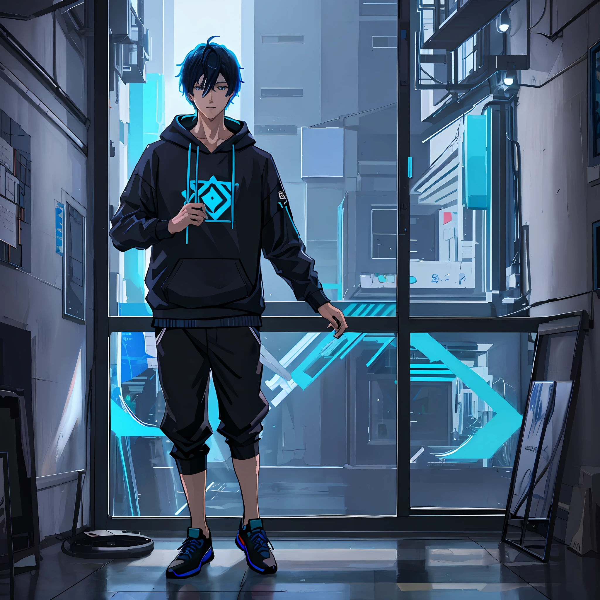 Anime boy, blue and black hair, looking outside a window,wearing gamer RGB headphones,wearing a black hoodie,highest quality digital art, Stunning art, wallpaper 4k,8k,64k, HD, unparalleled masterpiece, dynamic lighting, cinematic, epic
