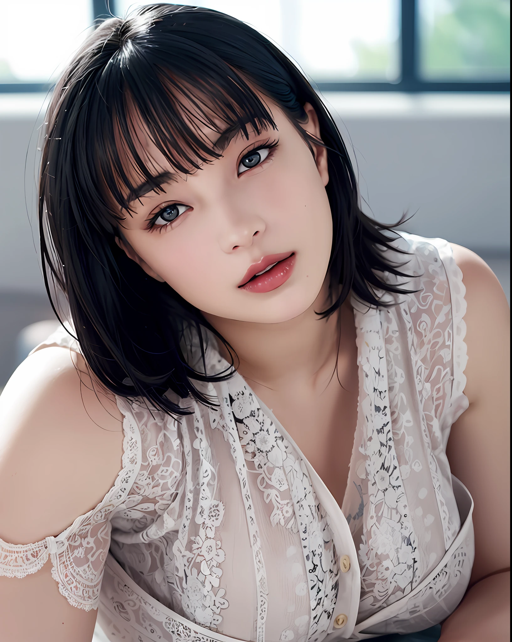 Top Quality, Photorealistic, 8K, High Definition, 1 Girl, Woman, (Portrait: 0.6), Gorgeous, (Upper Body, Big: 1.8)), (Revealing Off-Shoulder Lace Lingerie))), (Short Bob P: 1.5, Parted Bangs: 1.6), Watch Viewer, (1 Girl's Eyes) Viewer: 1.6), Photorealistic, (Bokeh), ( Floating hair, lips, open mouth: 1.43), gorgeous, pureerosface_v1: 1,