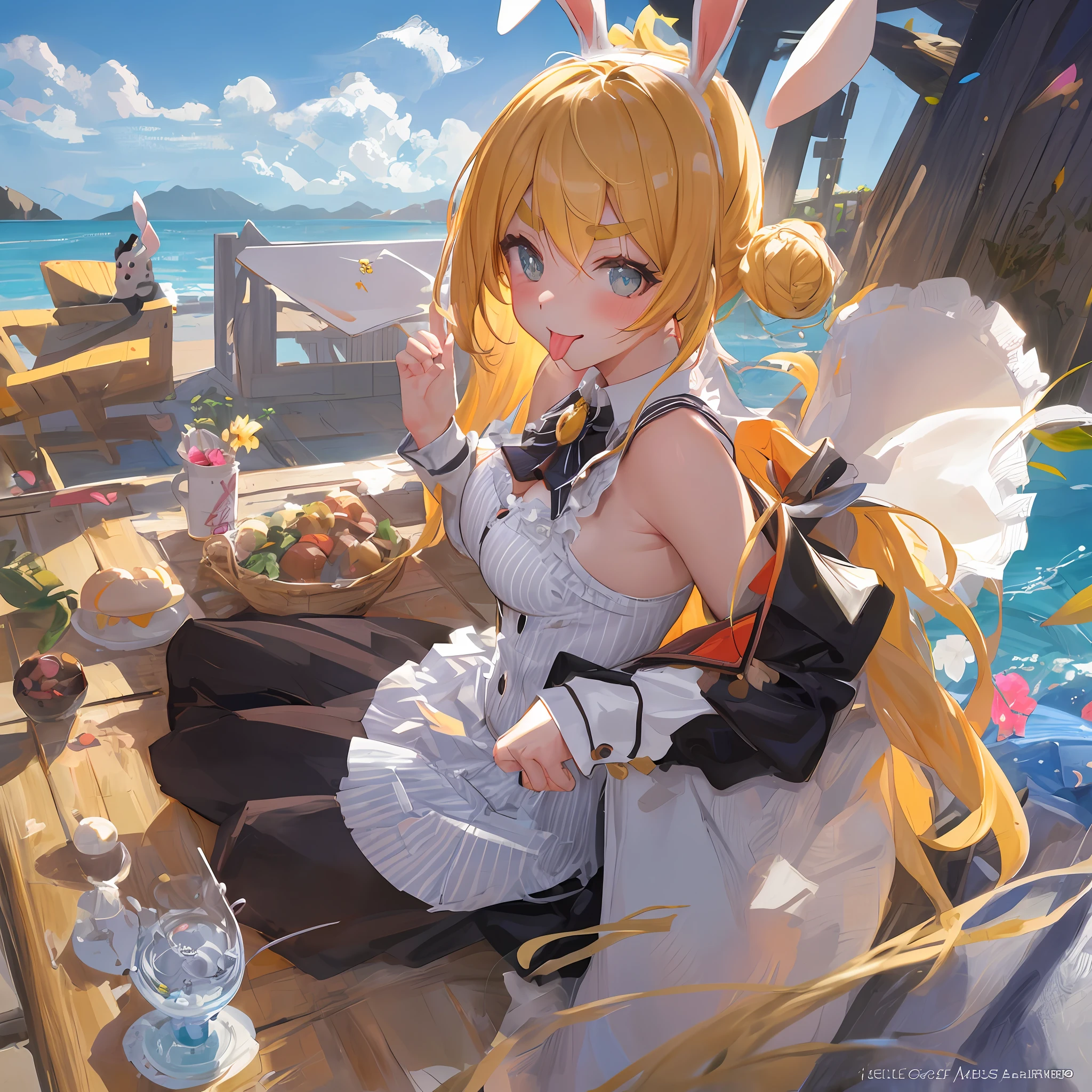 Face focus, tongue, mouth wide open, mouth focus, thick eyebrows, beautiful eyes, rabbit ears, striped buns, striped bra, evil smile, beautiful golden hair, refreshing sunlight, ((masterpiece)), ((best quality)), (super detailed), cute girl, one girl, solo, ((beautiful eyes)), anime girl, happy and cute face, beautiful detailed eyesclean and detailed face, five fingers, textile shading, perfect anatomy,